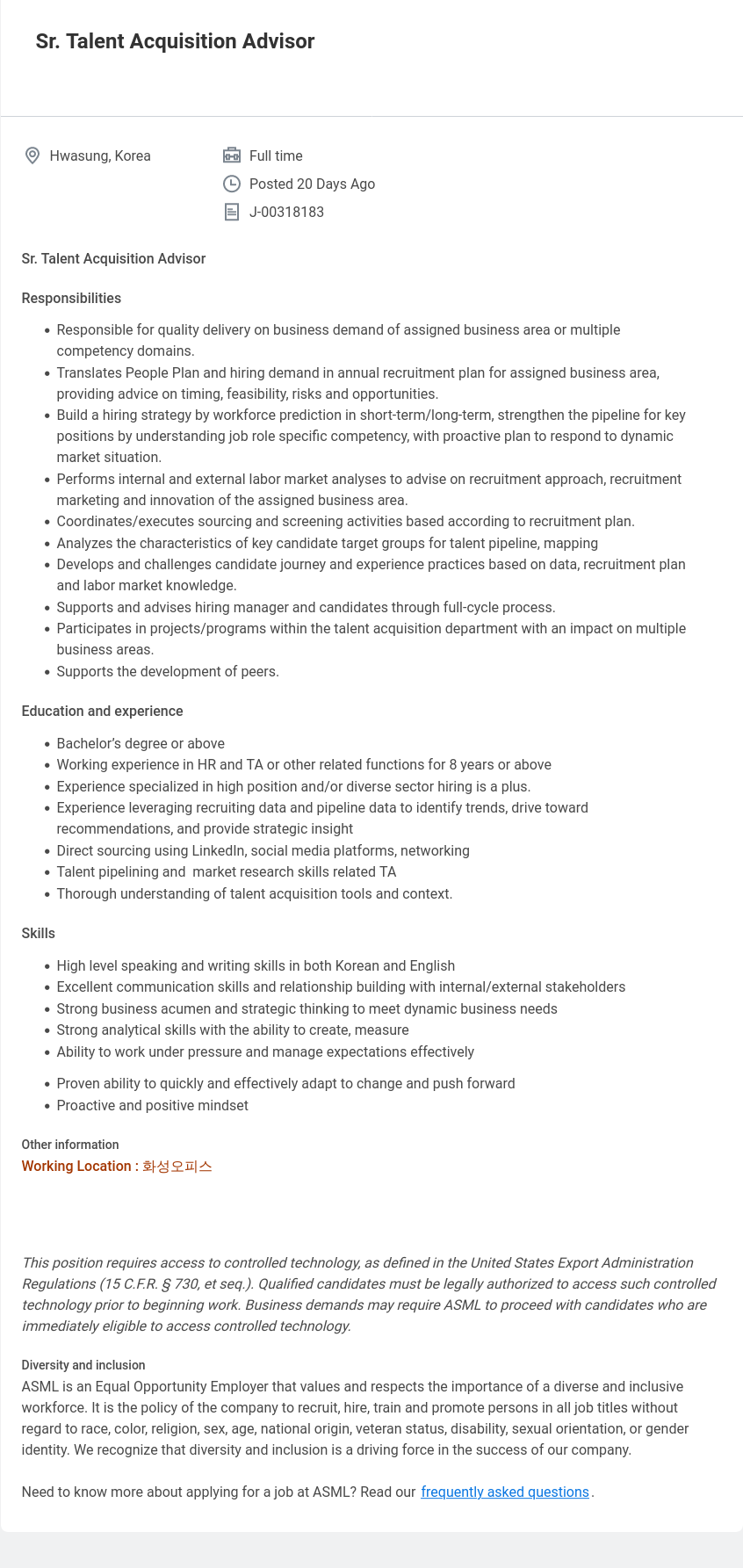 ASML Sr. Talent Acquisition Advisor 채용공고