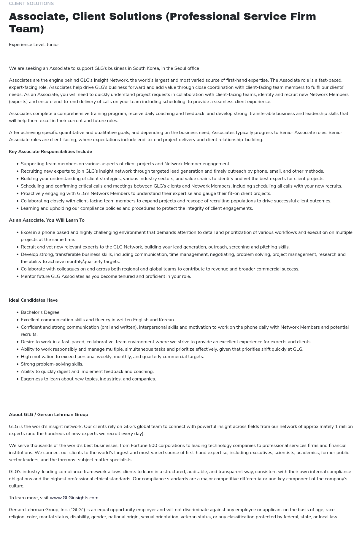 GLG Associate, Client Solutions (Professional Service Firm Team) 채용공고