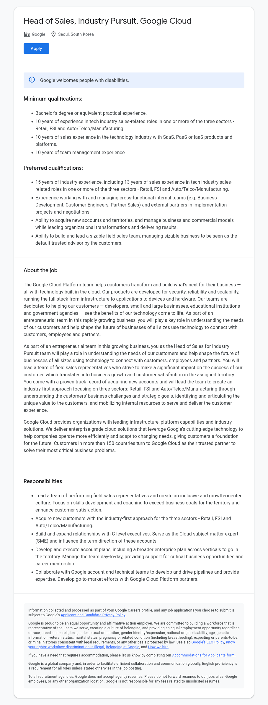구글(Google) Head of Sales, Industry Pursuit, Google Cloud 채용공고