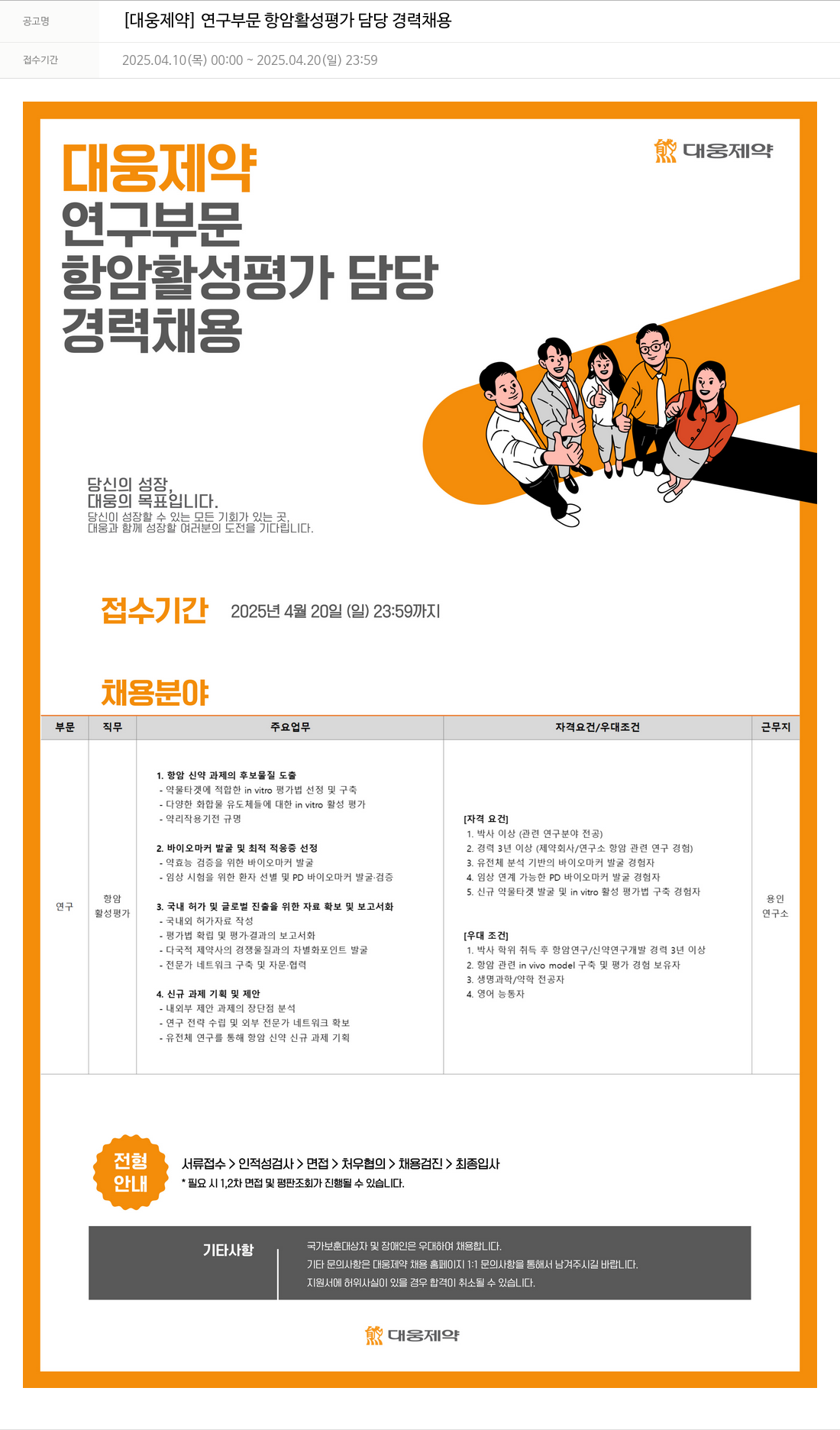대웅제약 [대웅제약] 연구 부문 항암 활성 평가 담당 경력 채용 채용공고