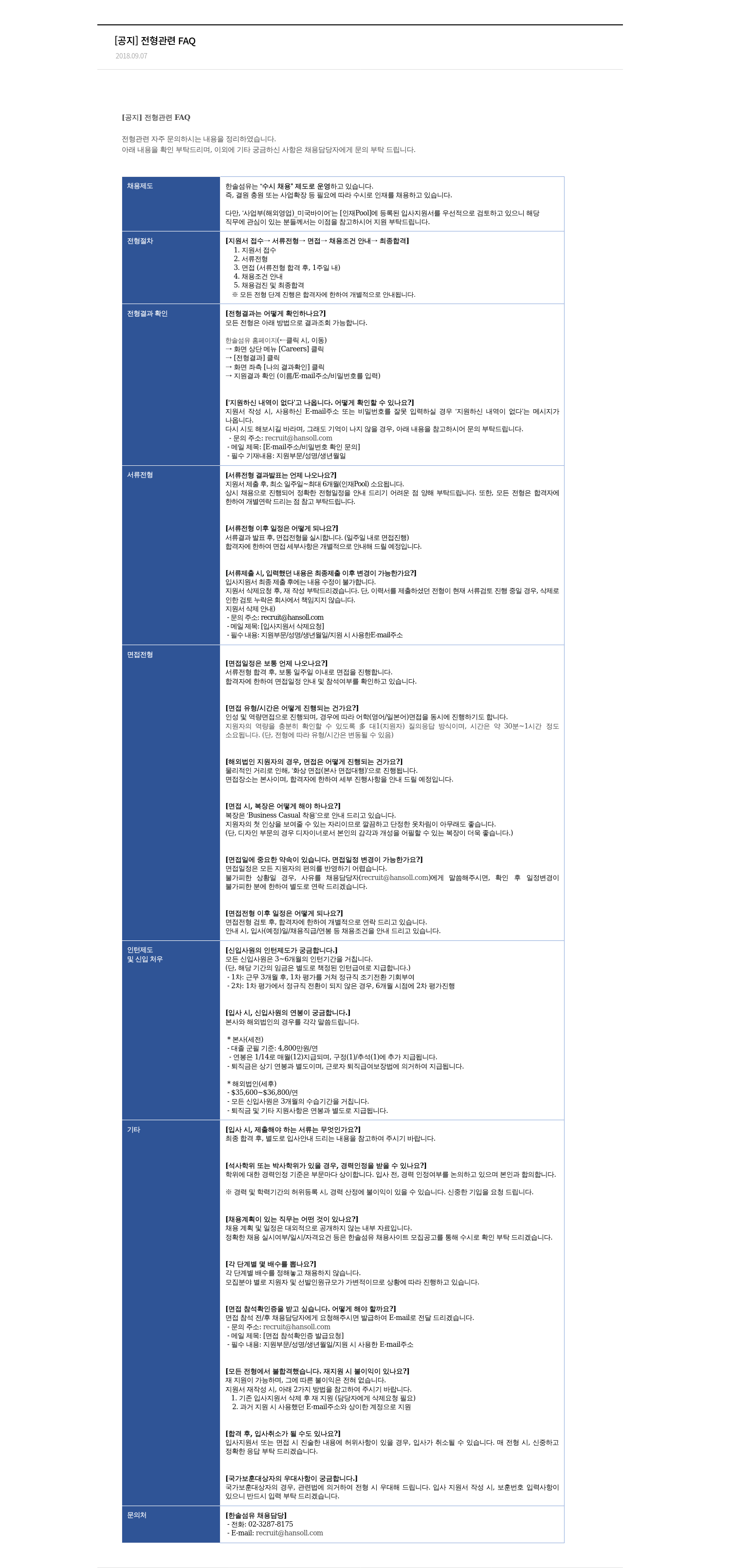 한솔섬유 전형 관련 FAQ (수시 채용 안내) 채용공고