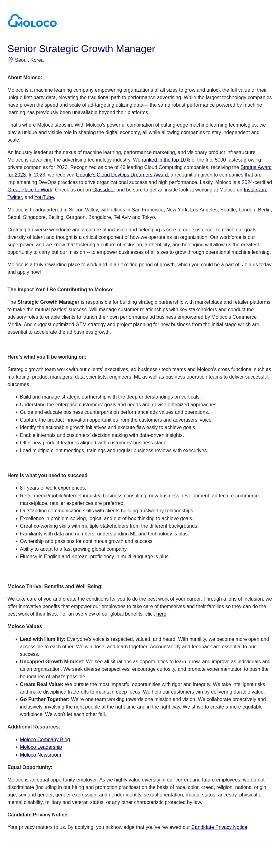 몰로코 Senior Strategic Growth Manager 채용공고