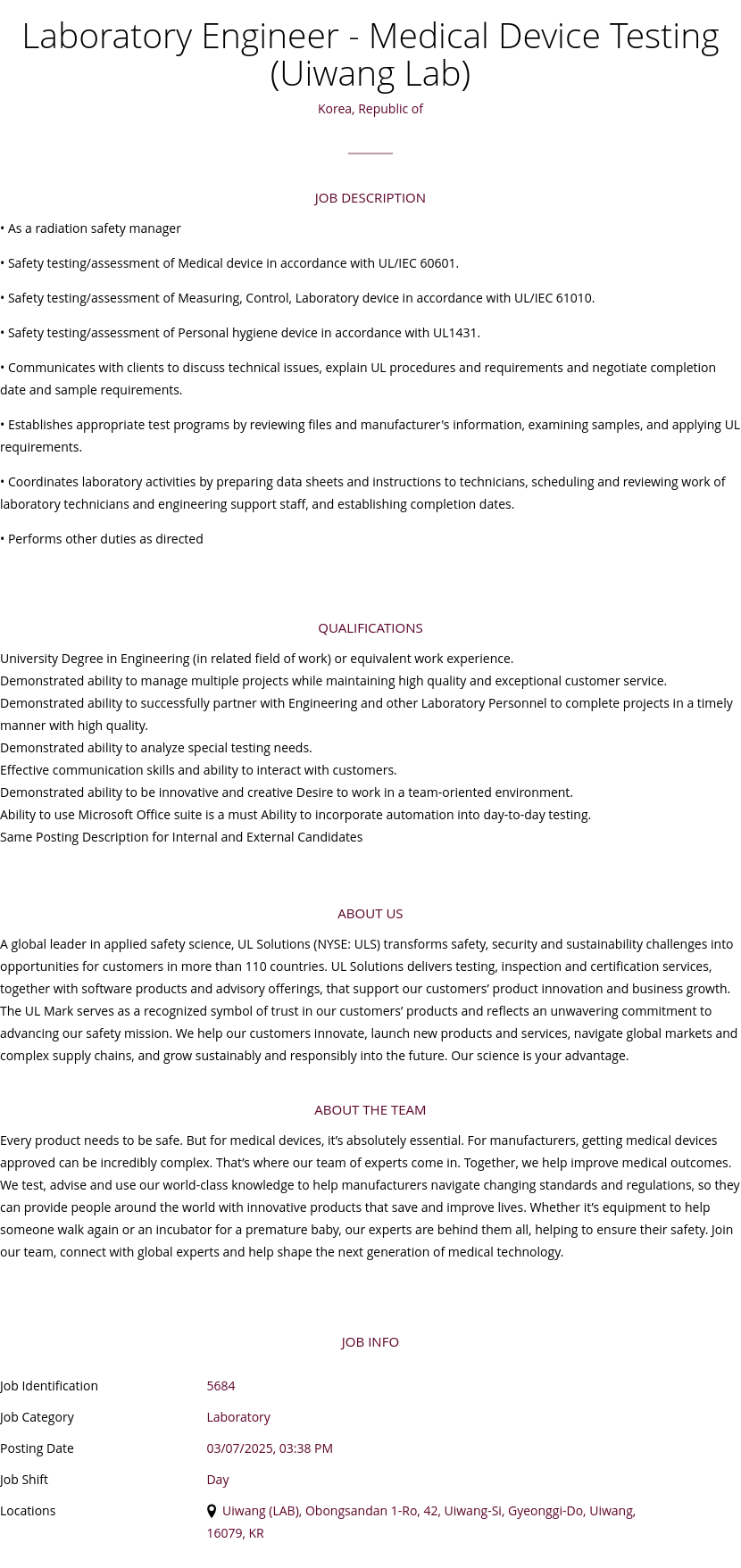 UL Solutions Laboratory Engineer - Medical Device Testing (Uiwang Lab) 채용공고