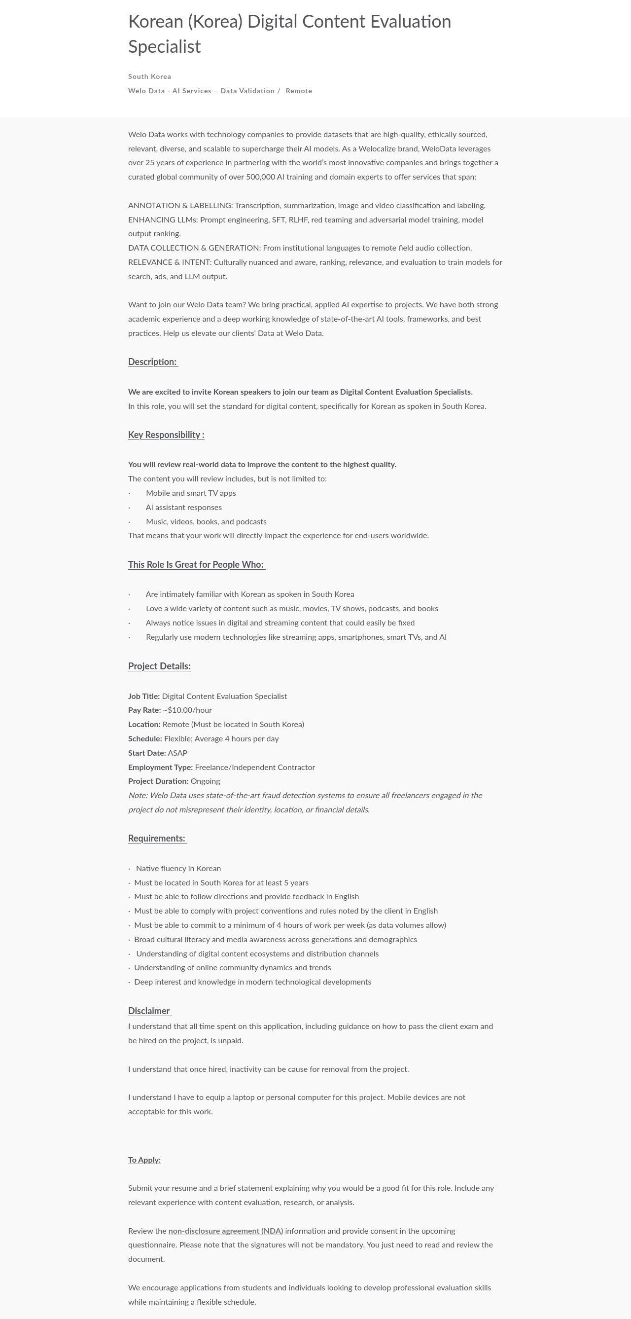 Welocalize Korean (Korea) Digital Content Evaluation Specialist 채용공고