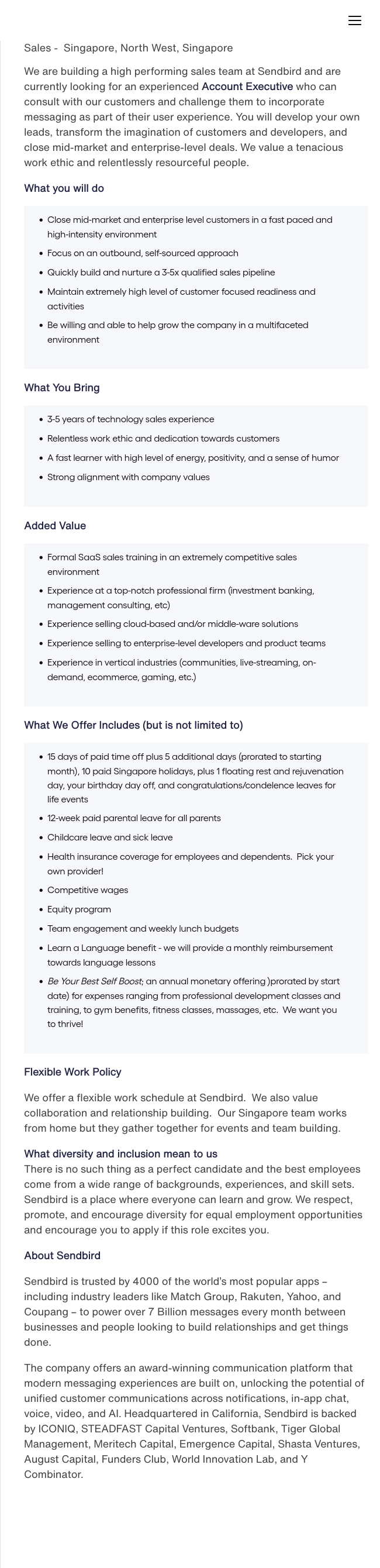 센드버드 Account Executive (Singapore) 채용공고