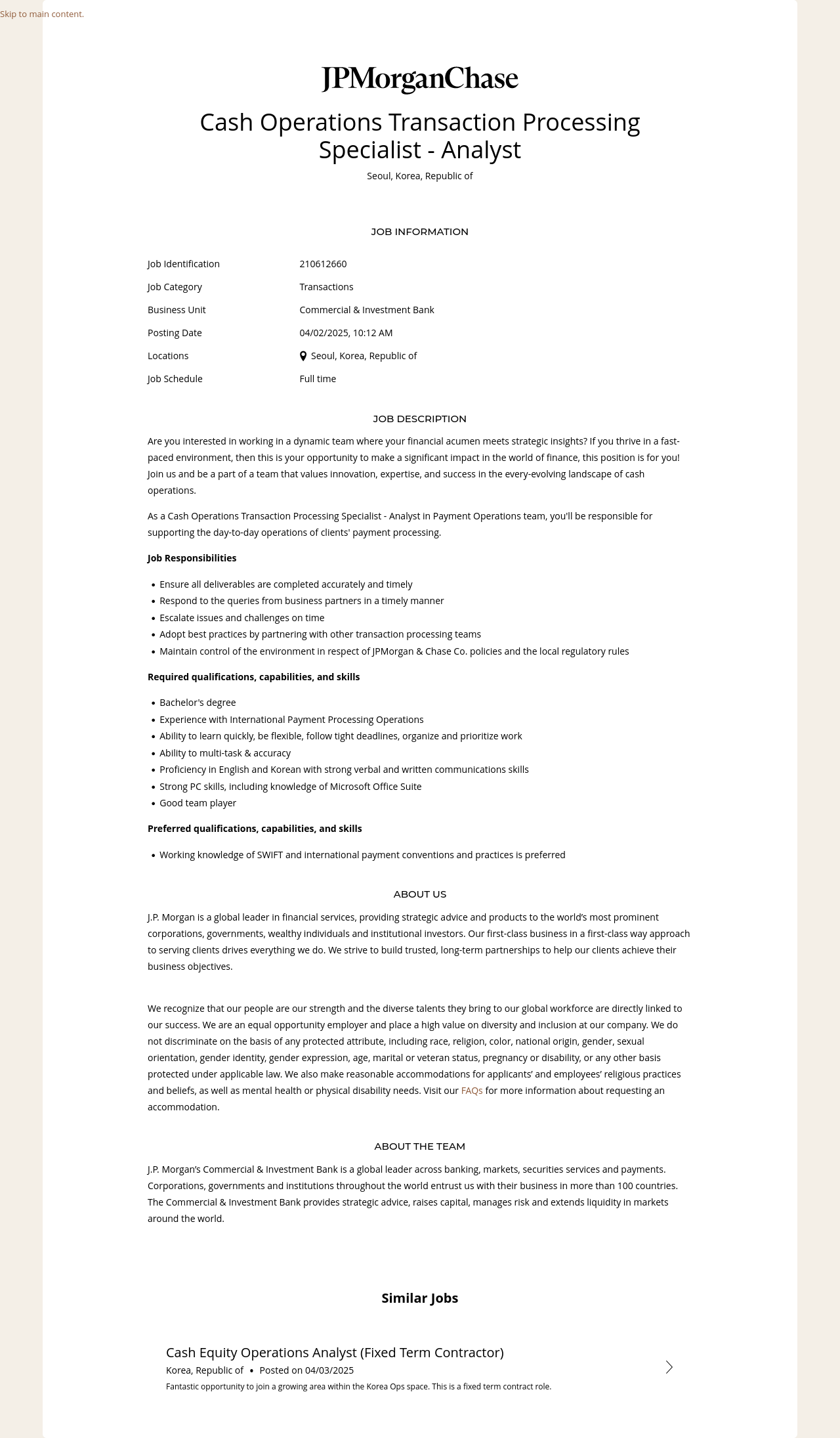 JPMorganChase Cash Operations Transaction Processing Specialist Analyst 채용공고