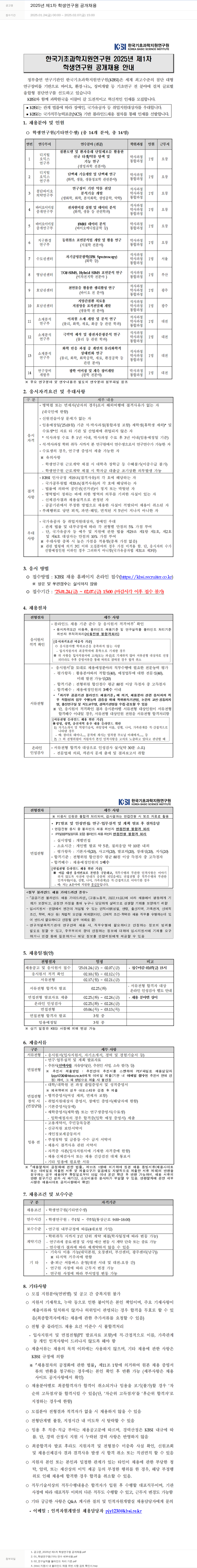 한국기초과학지원연구원 2025년 제1차 학생연구원 공개채용 채용공고