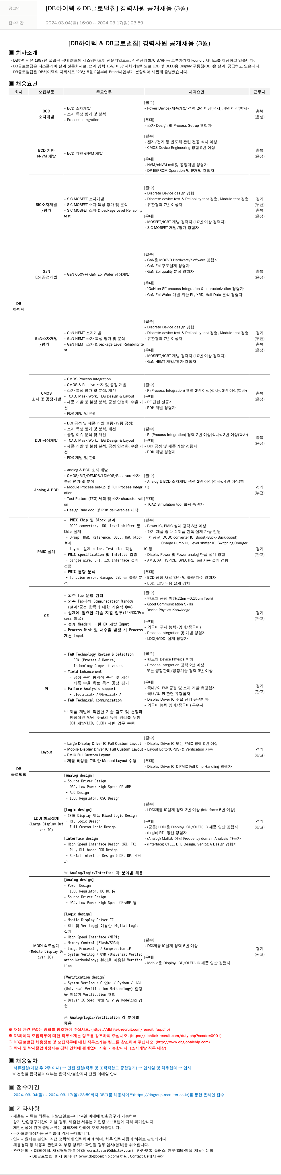 DB하이텍 [DB 하이텍 & DB 글로벌 칩] 경력 사원 공개 채용 (3월) 채용공고