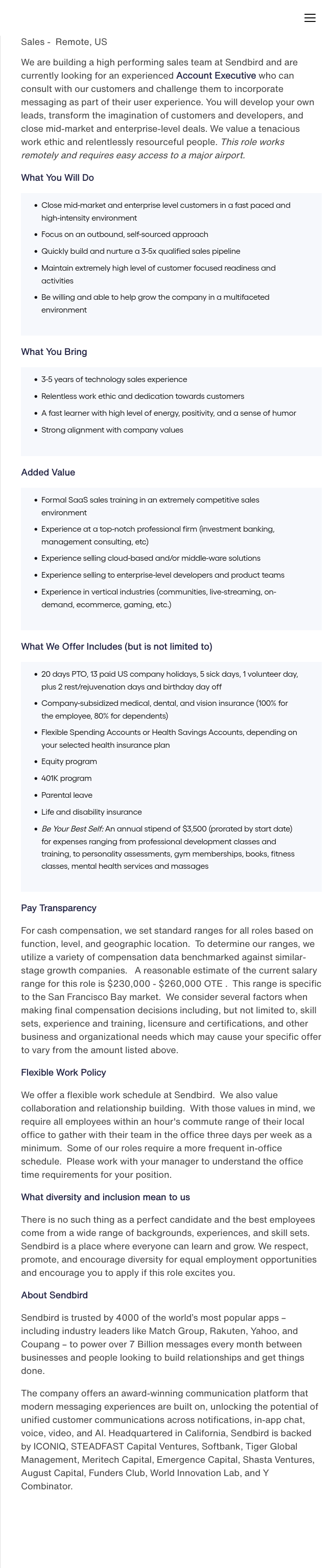 센드버드 Account Executive (Sales, Remote, US) 채용공고