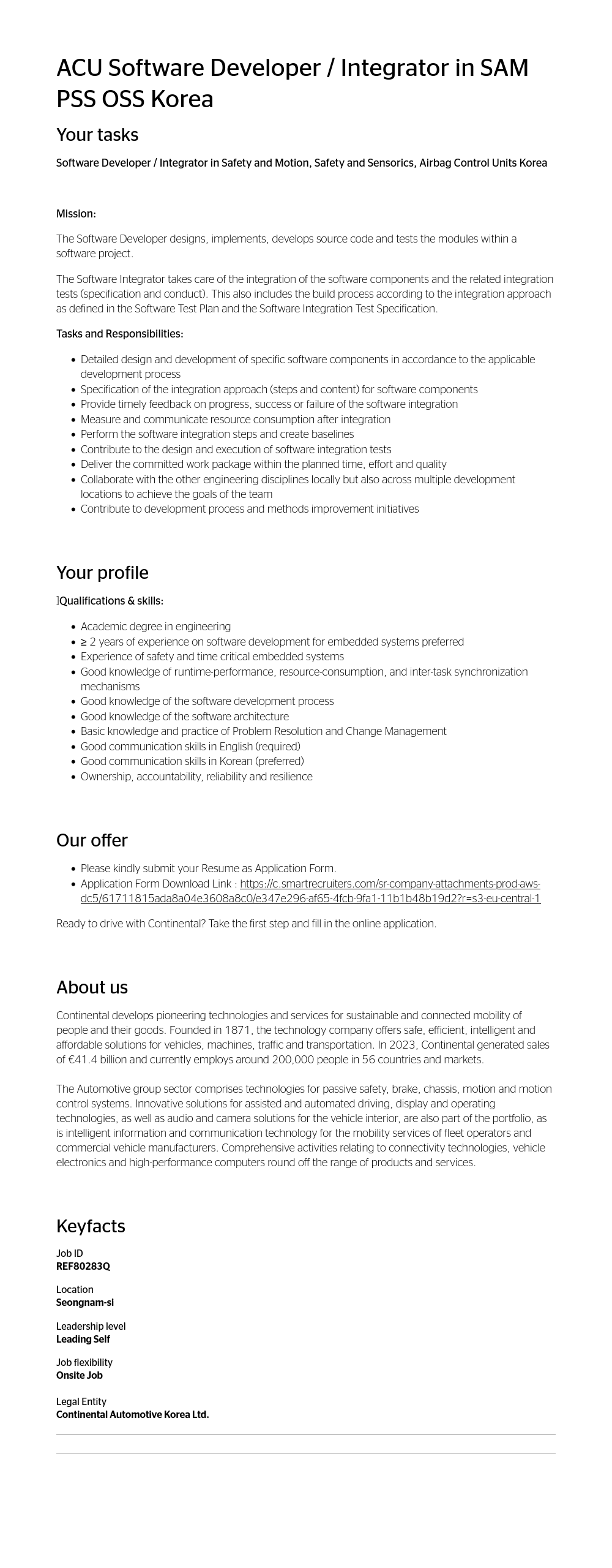 콘티넨탈 AG ACU Software Developer / Integrator in SAM 채용공고