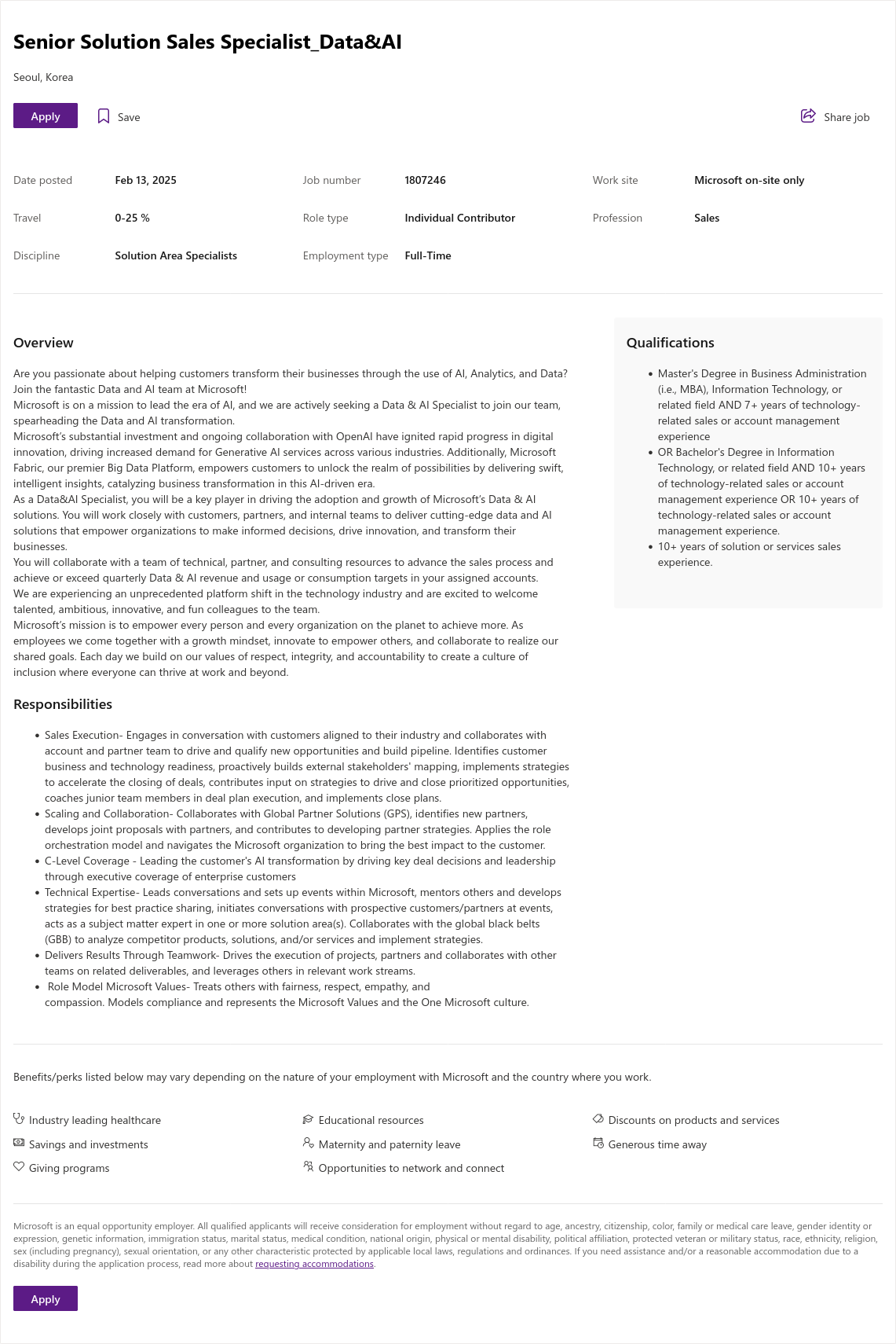 마이크로소프트(Microsoft) Senior Solution Sales Specialist_Data & AI 채용공고