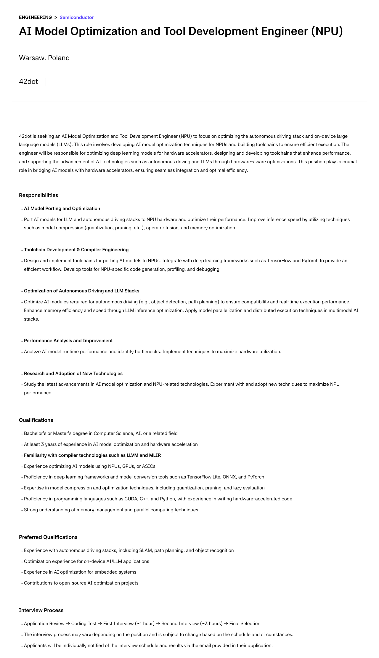 42dot AI Model Optimization and Tool Development Engineer (NPU) 채용공고