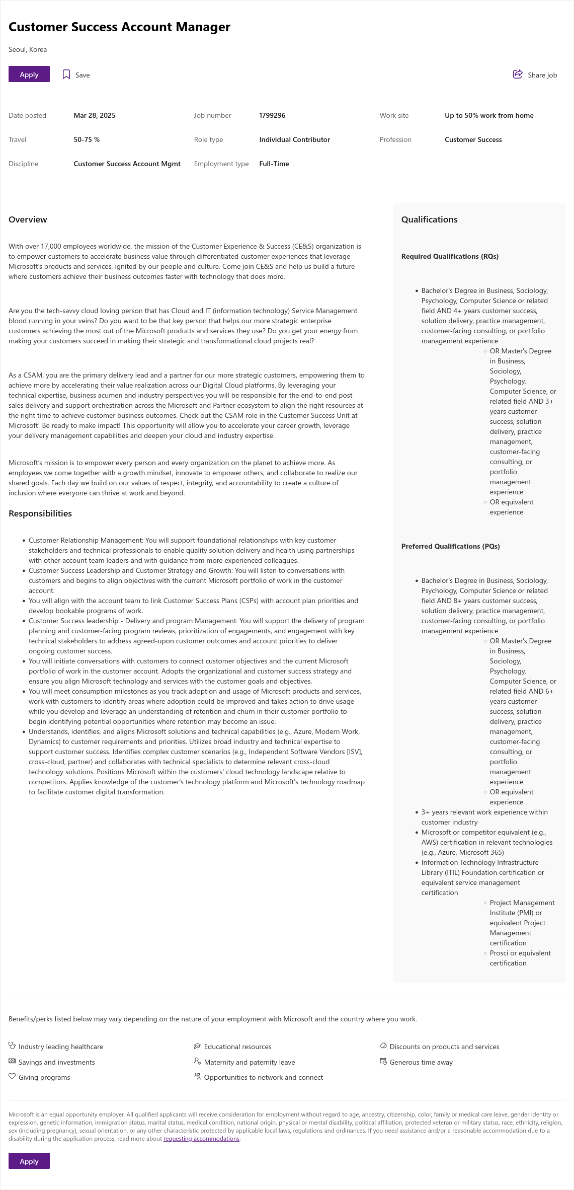 마이크로소프트(Microsoft) Customer Success Account Manager 채용공고