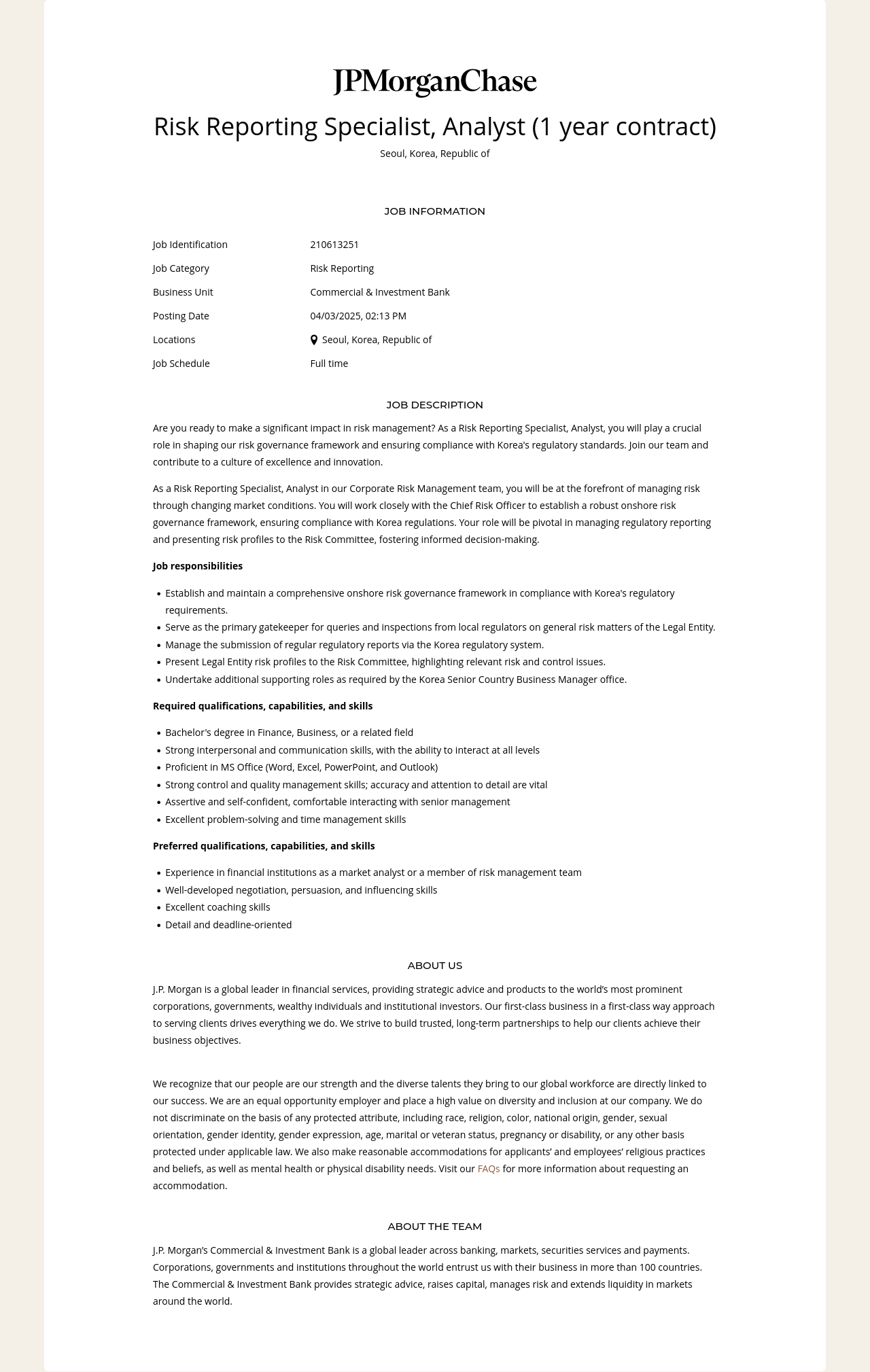 JPMorganChase Risk Reporting Specialist, Analyst (1 year contract) 채용공고