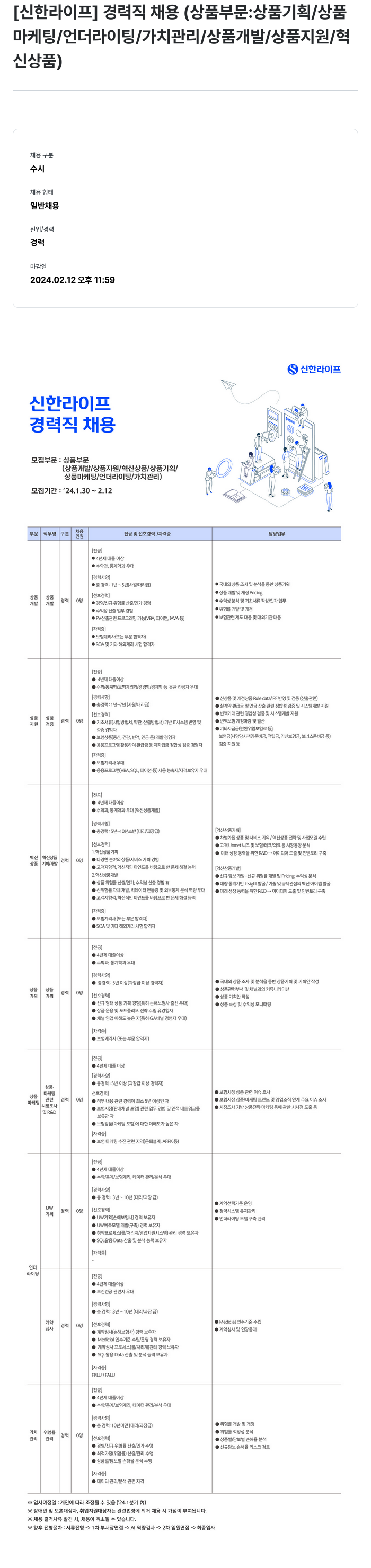 신한라이프 경력직 채용 (상품 부문: 상품 기획 / 상품 마케팅 / 언더라이팅 / 가치 관리 / 상품 개발 / 상품 지원 / 혁신상품) 채용공고