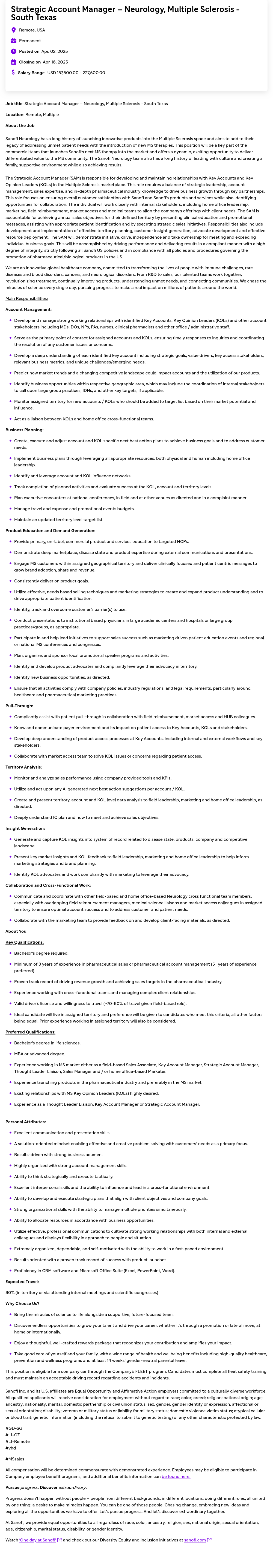 사노피 Strategic Account Manager - Neurology, Multiple Sclerosis - South Texas 채용공고