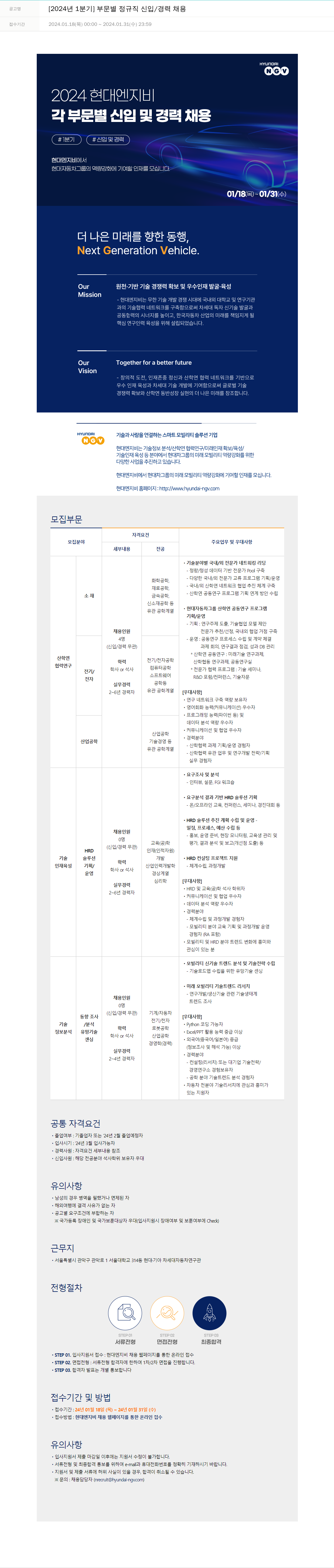 현대엔지비 [2024년 1분기] 부문별 정규직 신입/경력 채용 채용공고