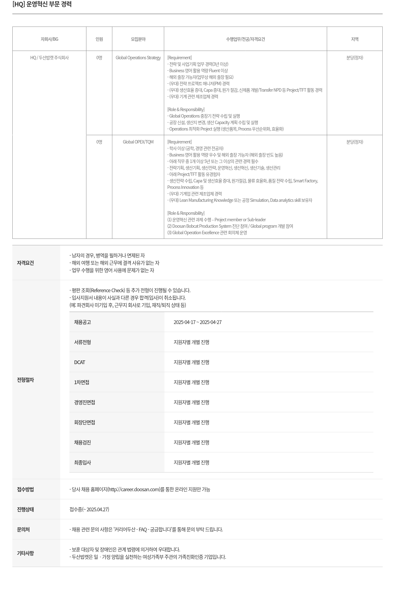 두산밥캣 [HQ] 운영 혁신 부문 경력 채용공고