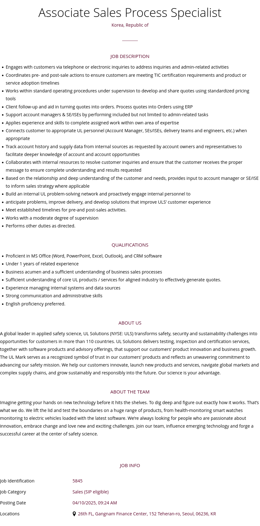 UL Solutions Associate Sales Process Specialist 채용공고