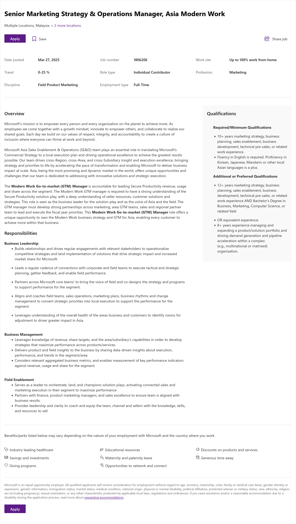 마이크로소프트(Microsoft) Senior Marketing Strategy & Operations Manager, Asia Modern Work 채용공고