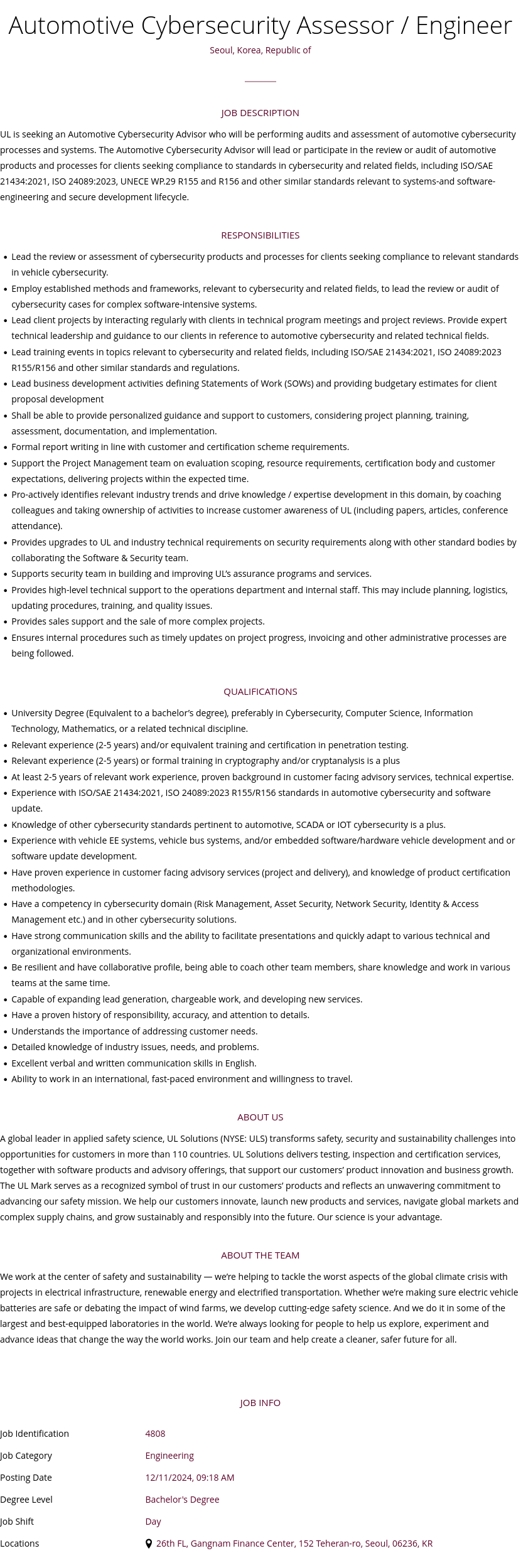 UL Solutions Automotive Cybersecurity Assessor / Engineer 채용공고