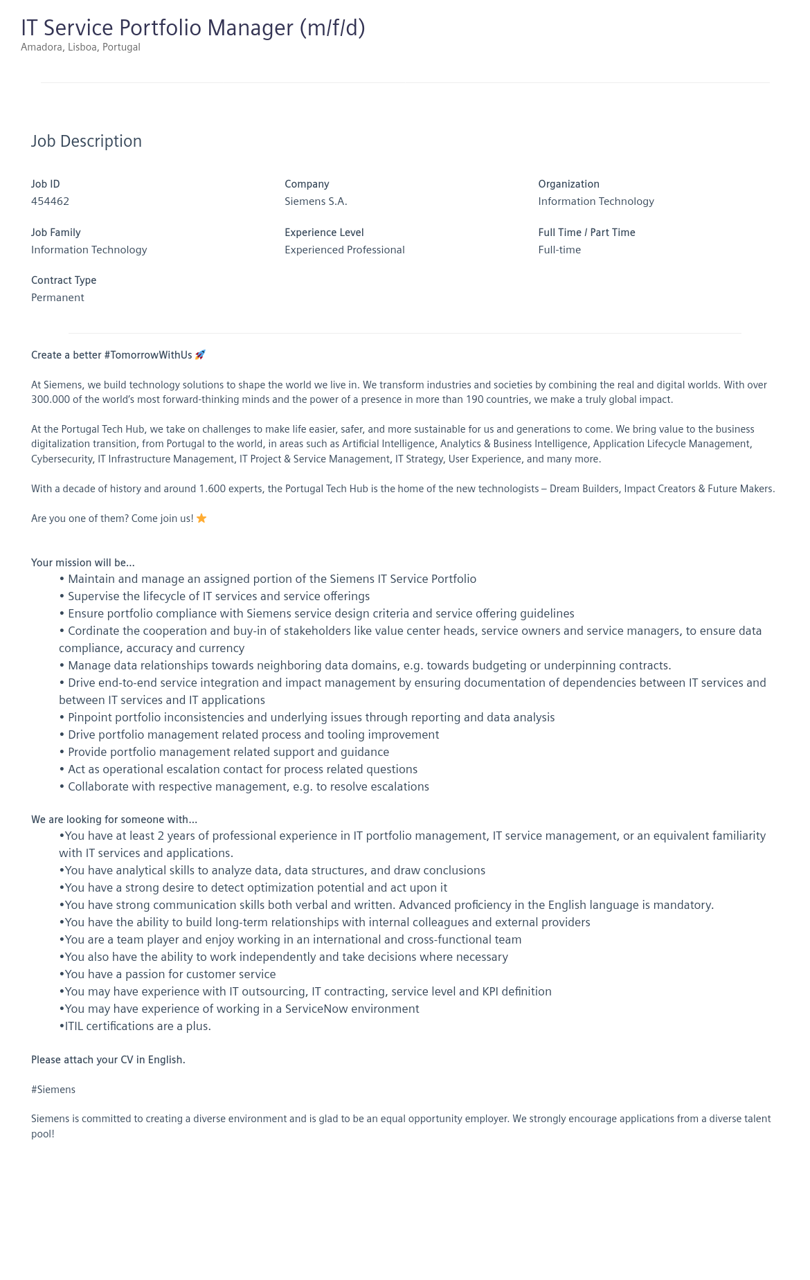 지멘스 IT Service Portfolio Manager (m/f/d) 채용공고