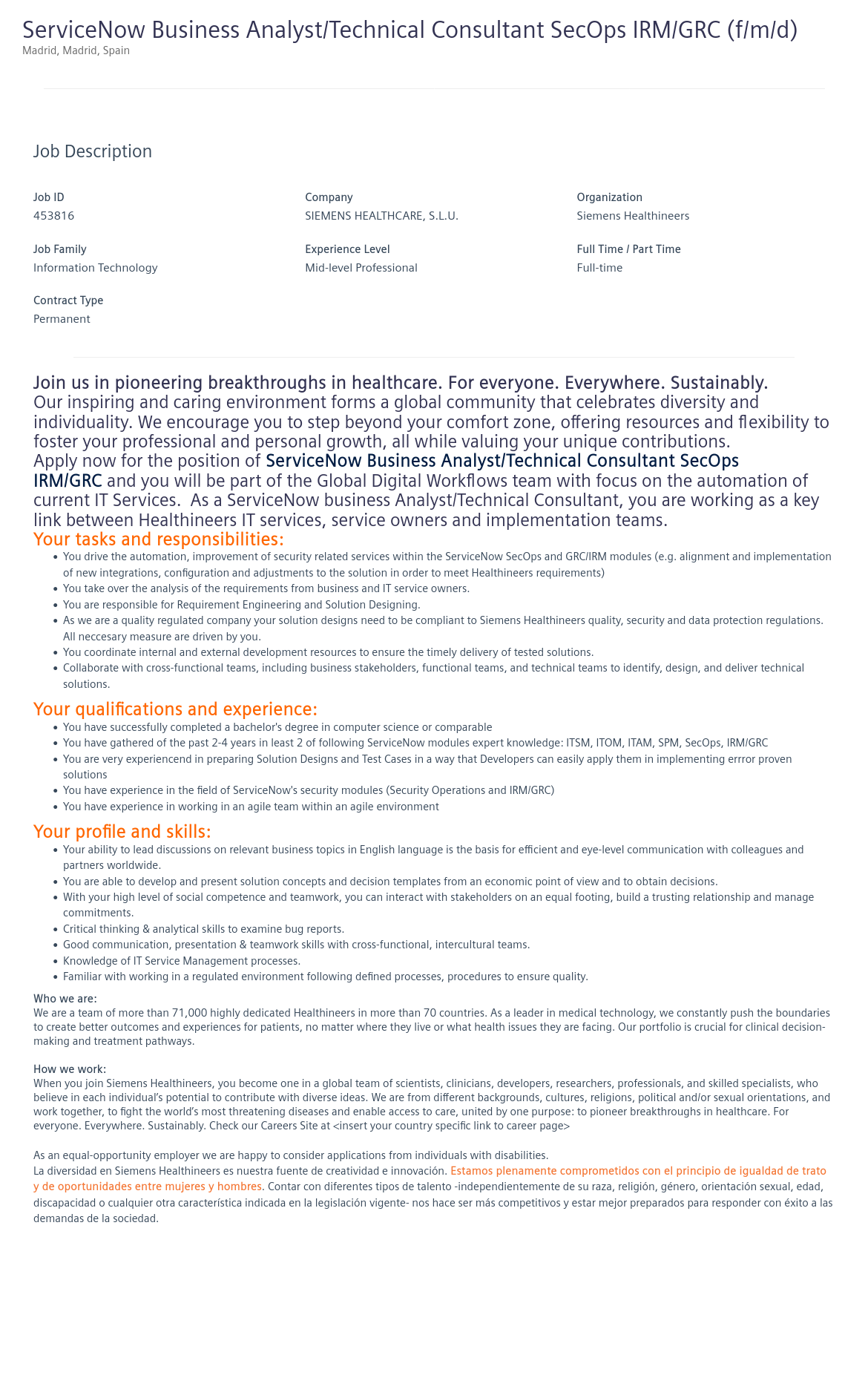 지멘스 ServiceNow Business Analyst / Technical Consultant SecOps IRM / GRC (f/m/d) 채용공고