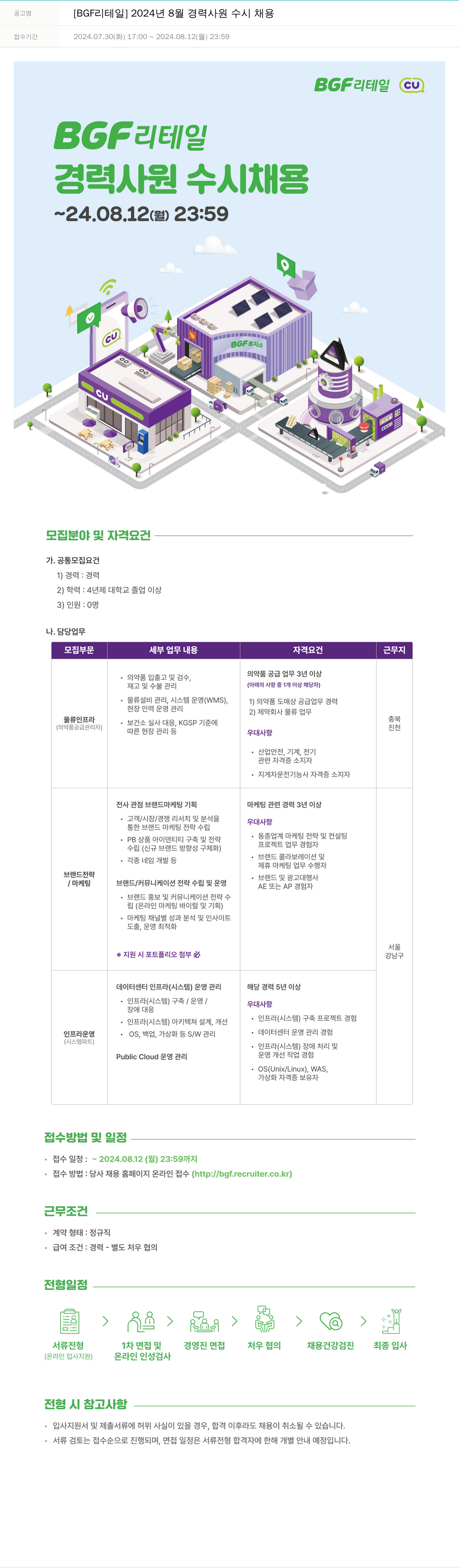 BGF리테일 2024년 8월 경력 사원 수시 채용 채용공고