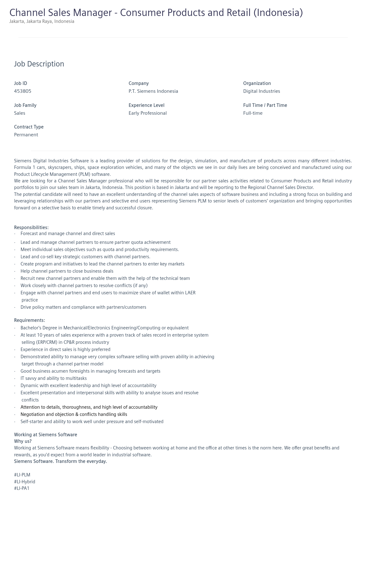 지멘스 Channel Sales Manager - Consumer Products and Retail (Indonesia) 채용공고