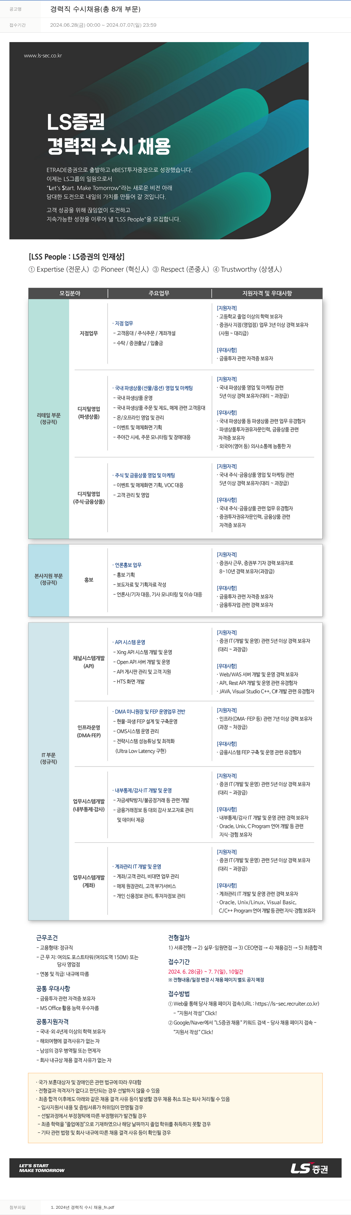LS증권 경력직 수시 채용 (총 8개 부문) 채용공고
