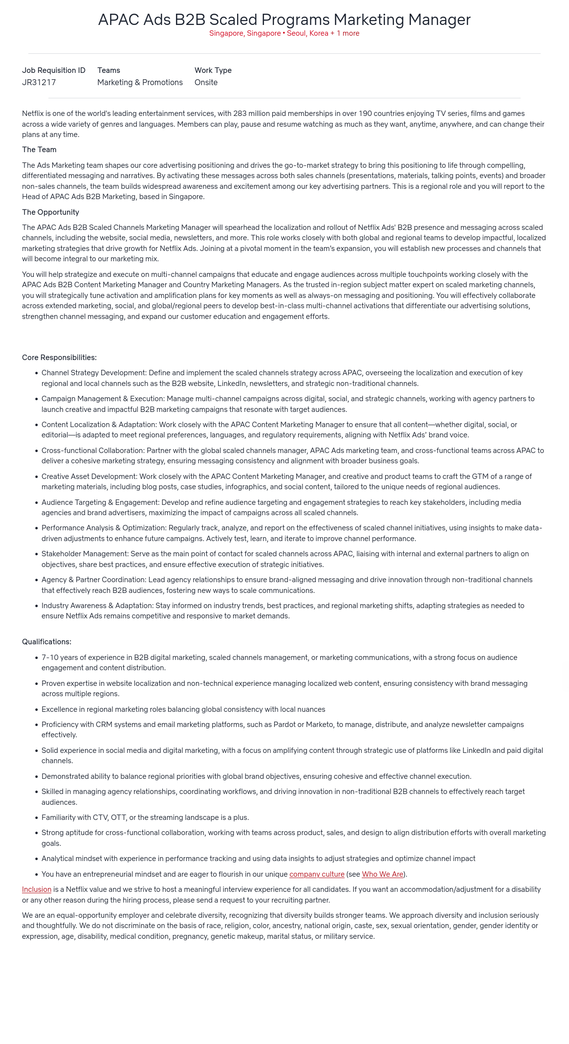 넷플릭스 APAC Ads B2B Scaled Programs Marketing Manager 채용공고