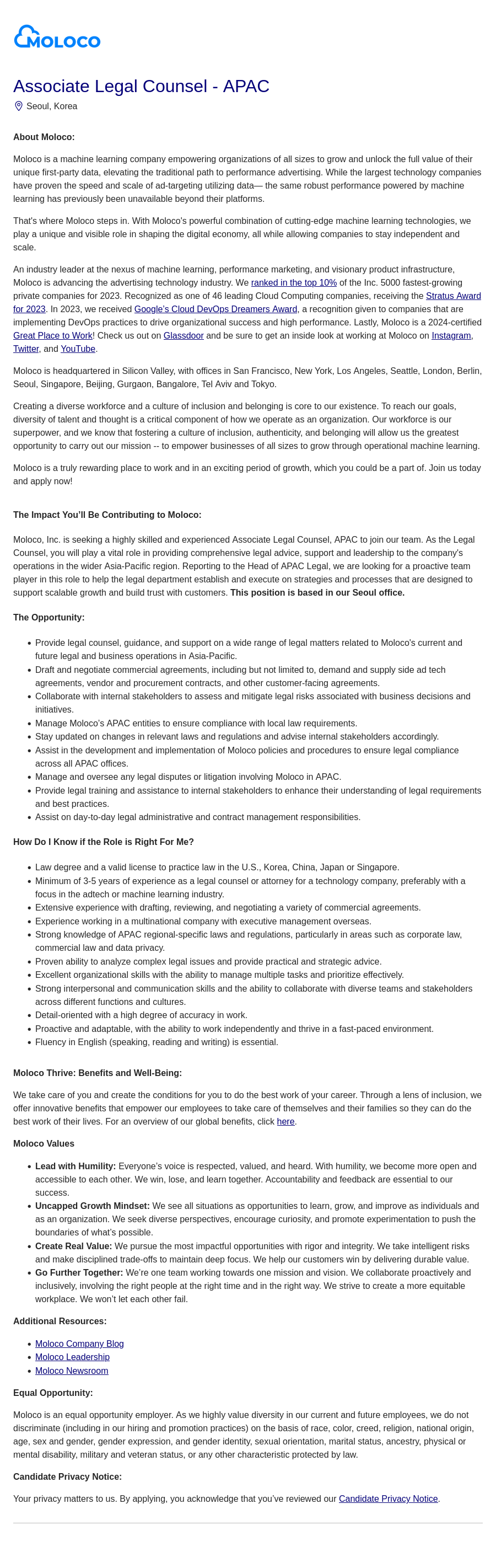 몰로코 Associate Legal Counsel - APAC 채용공고