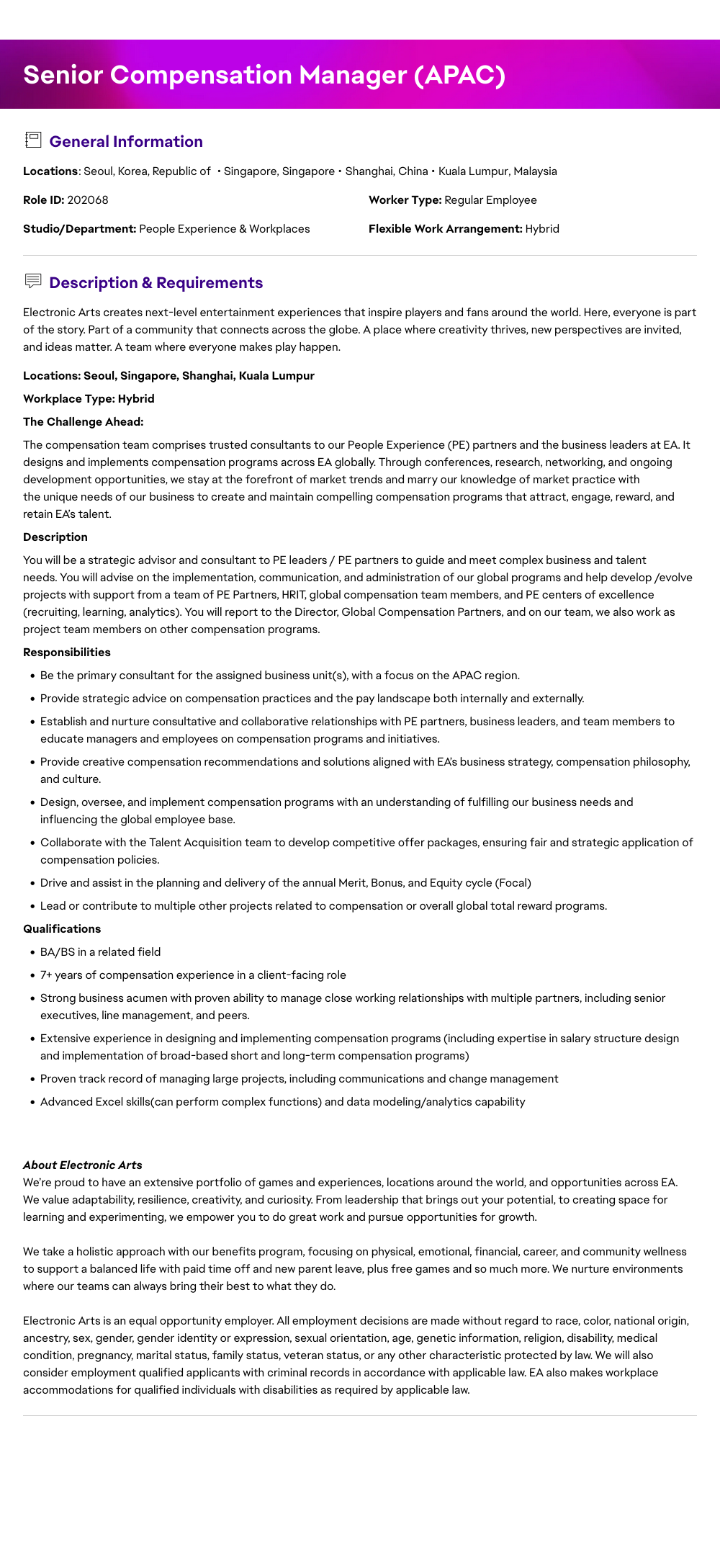 ElectronicArts Senior Compensation Manager (APAC) 채용공고