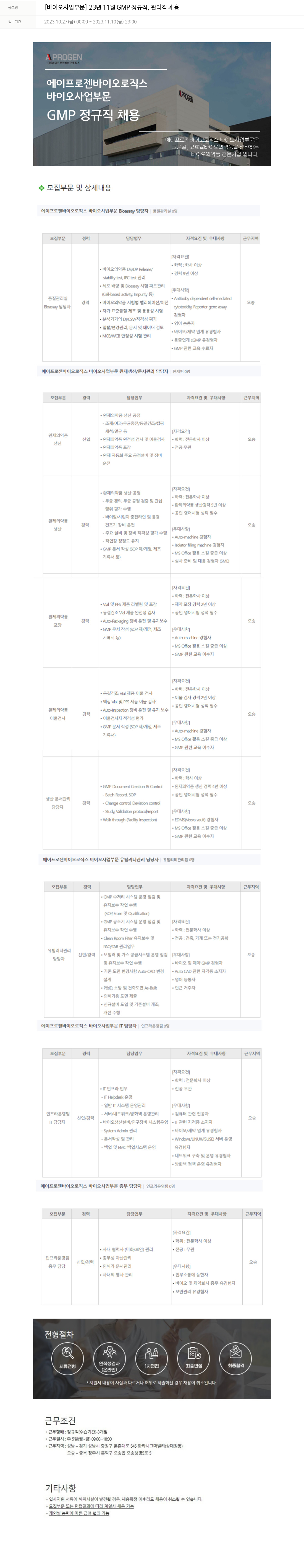 에이프로젠 [바이오 사업 부문] 23년 11월 GMP 정규직, 관리직 채용 채용공고