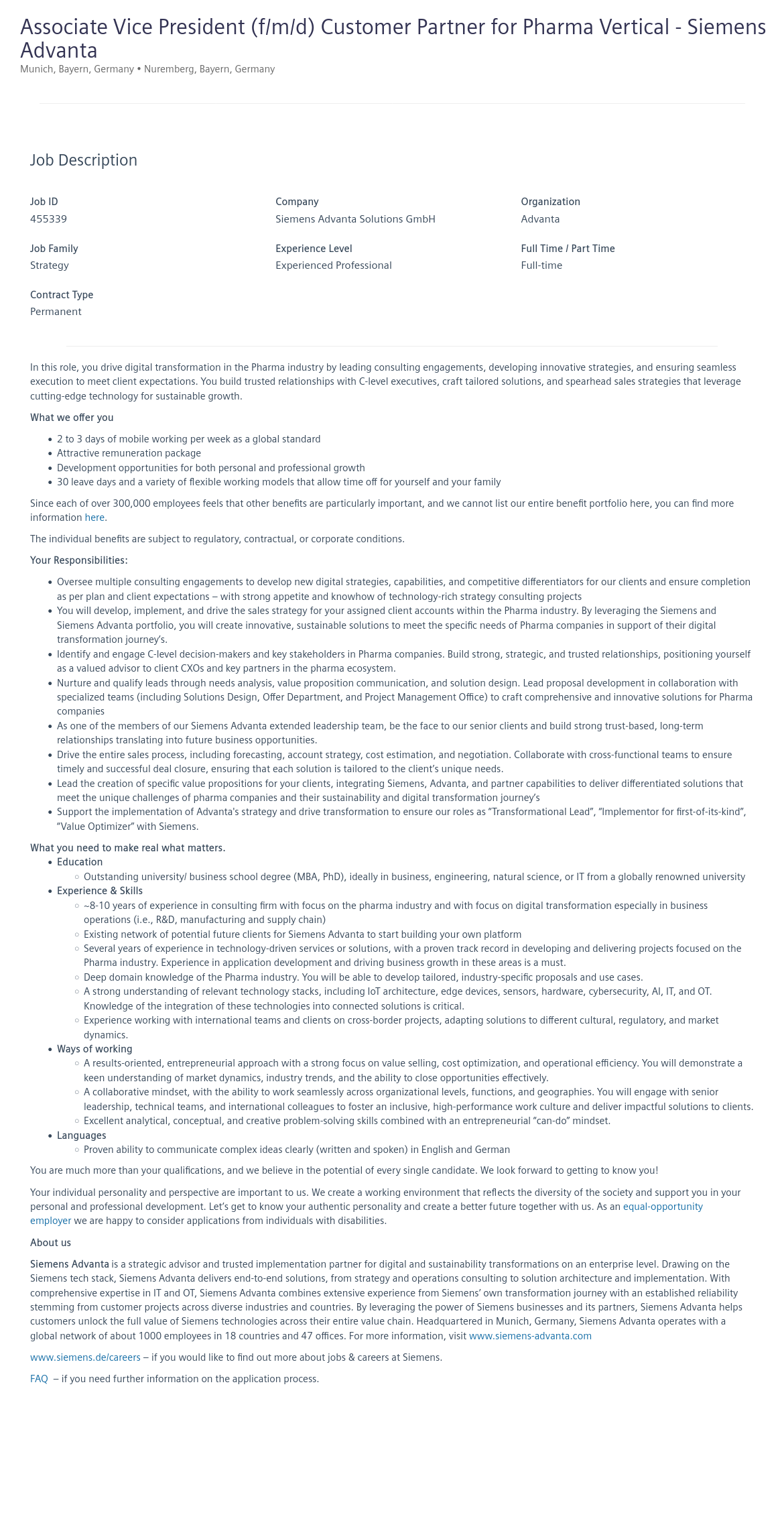 지멘스 Associate Vice President (f/m/d) Customer Partner for Pharma Vertical 채용공고