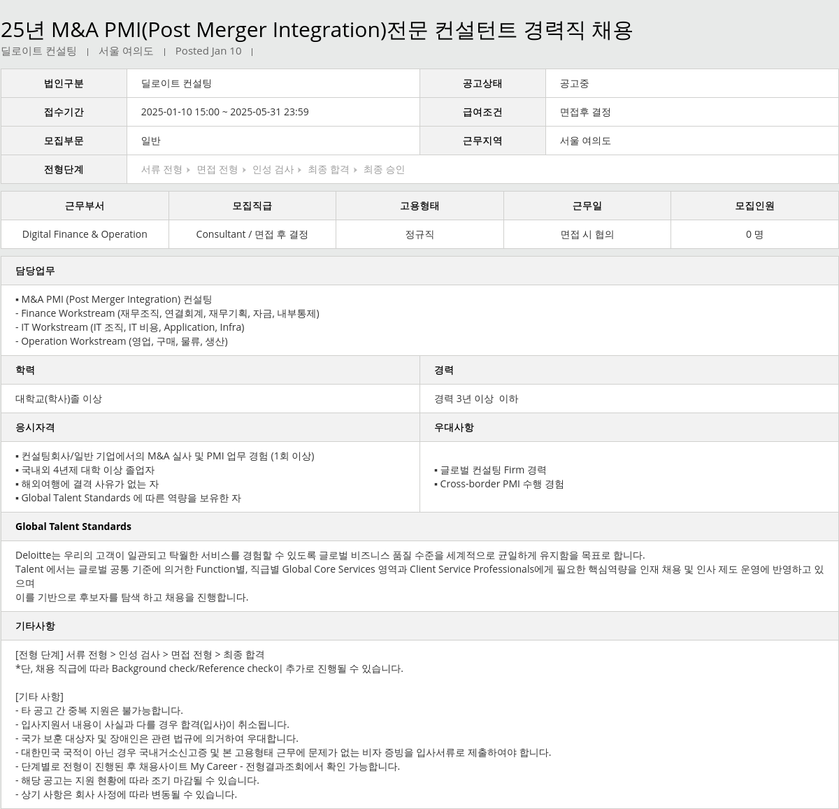 딜로이트안진 25년 M&A PMI (Post Merger Integration) 전문 컨설턴트 경력직 채용 채용공고