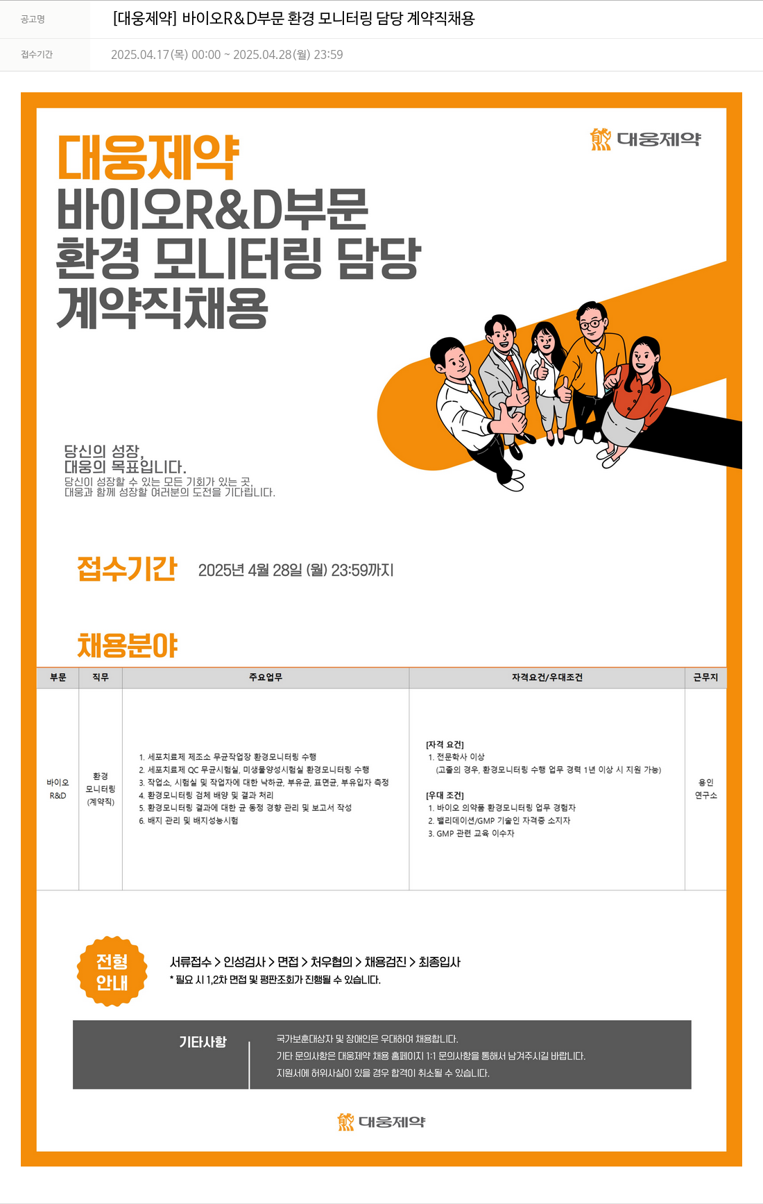 대웅제약 [대웅제약] 바이오 R&D 부문 환경 모니터링 담당 계약직 채용 채용공고