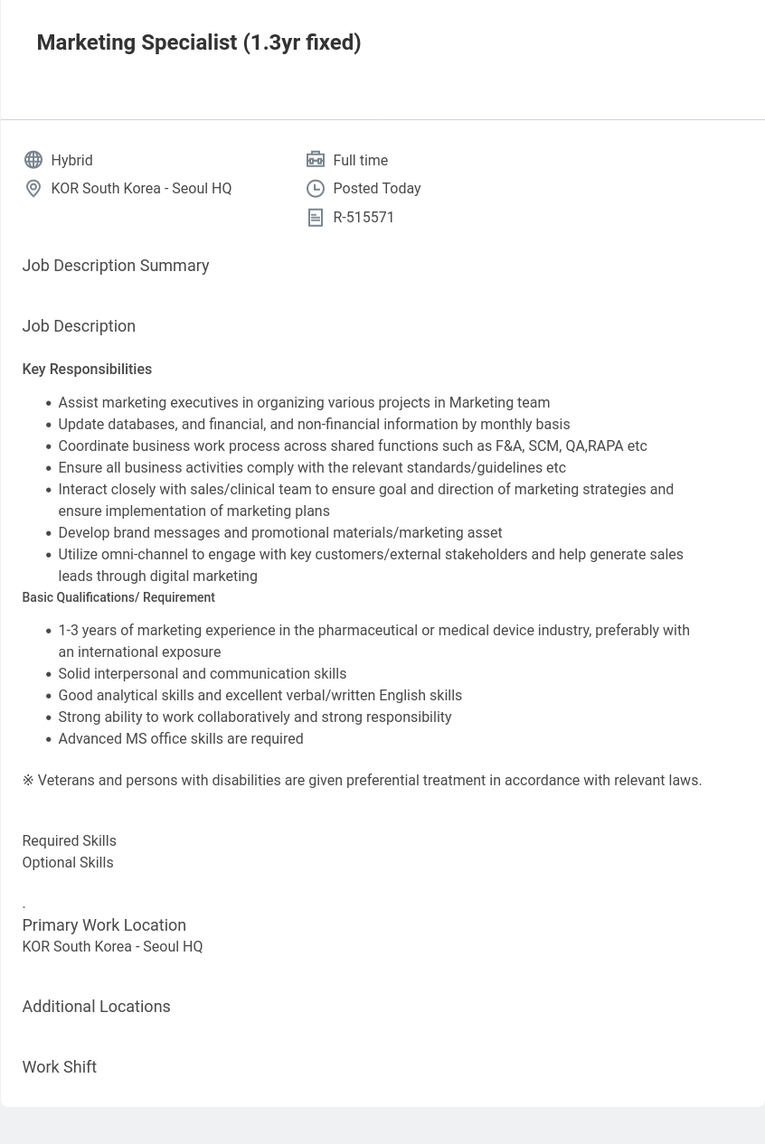 벡톤디킨슨코리아 Marketing Specialist (1.3yr fixed) 채용공고