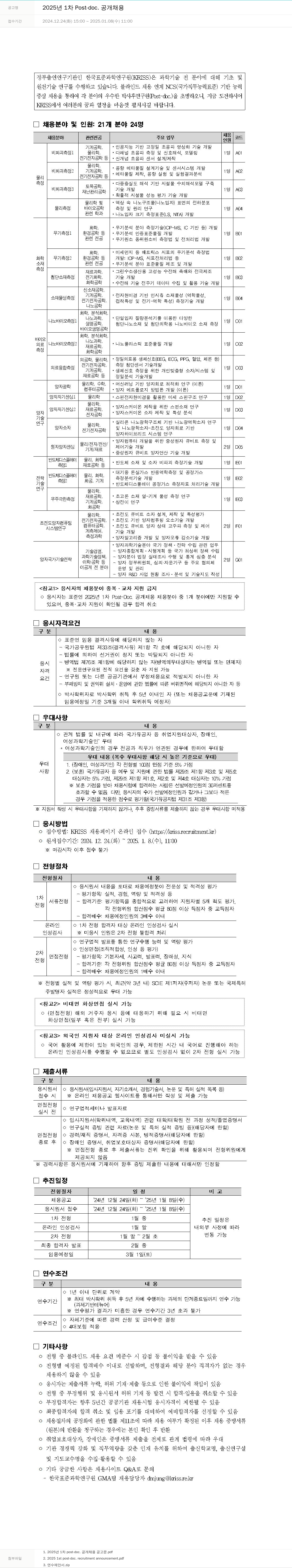 한국표준과학연구원 2025년 1차 Post-doc. 공개 채용 채용공고
