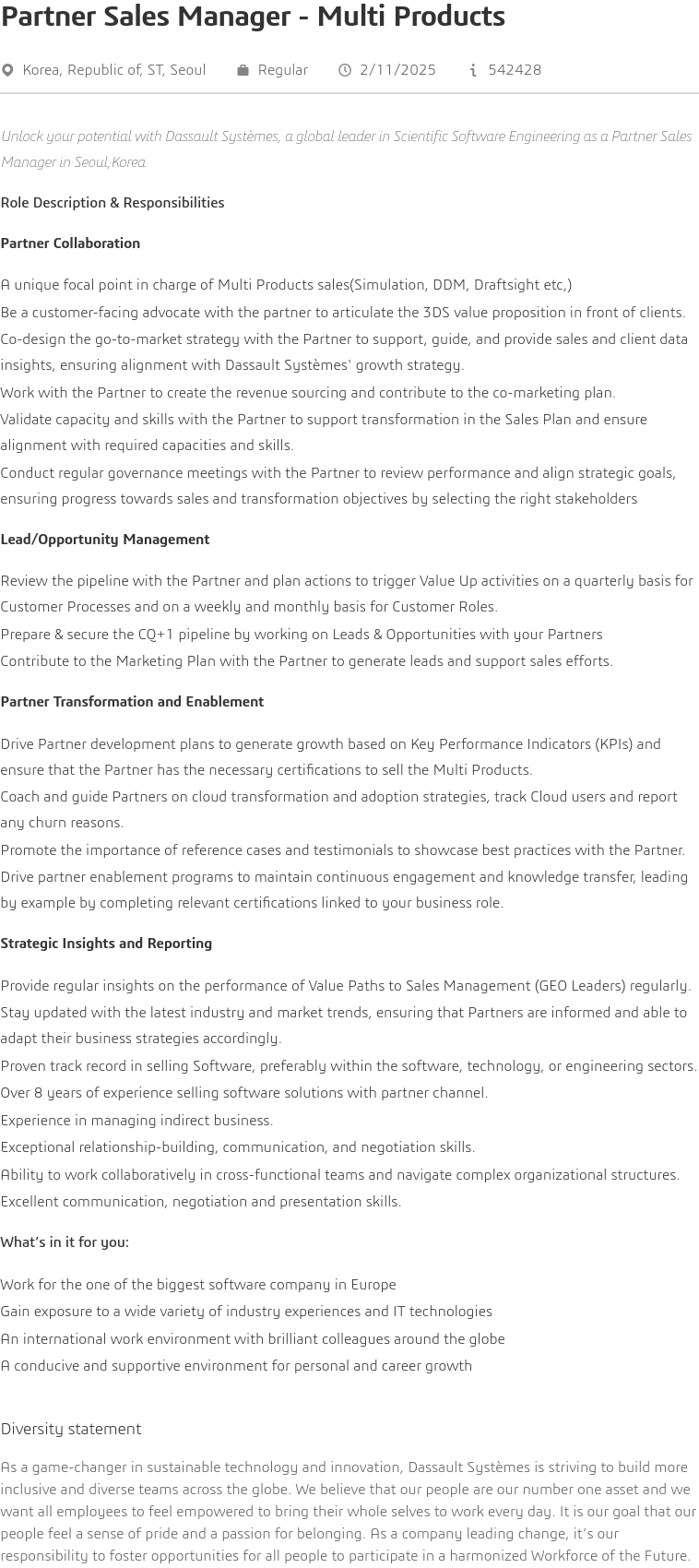 다쏘시스템 Partner Sales Manager - Multi Products 채용공고