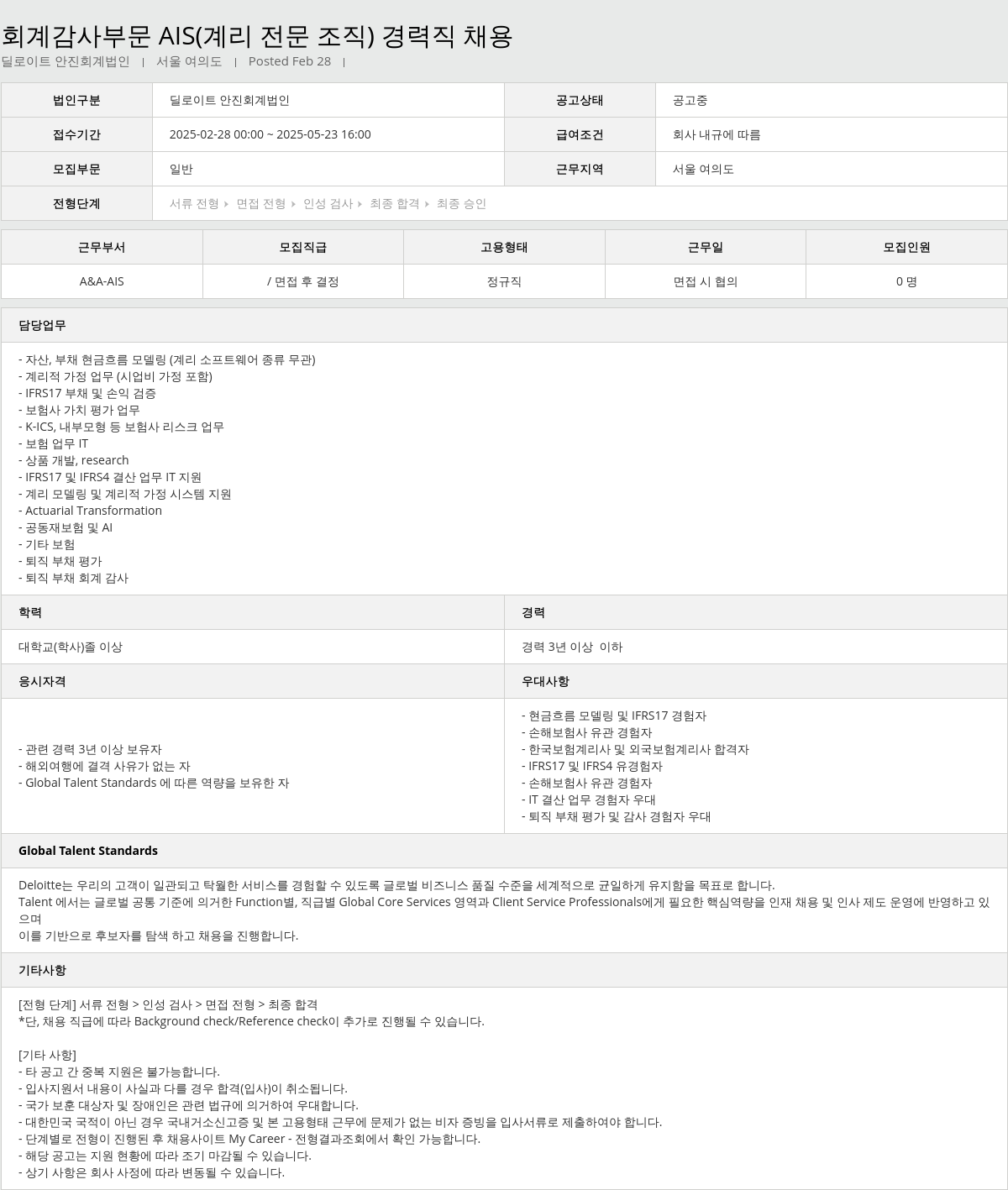 딜로이트안진 회계 감사 부문 AIS (계리 전문 조직) 경력직 채용 채용공고
