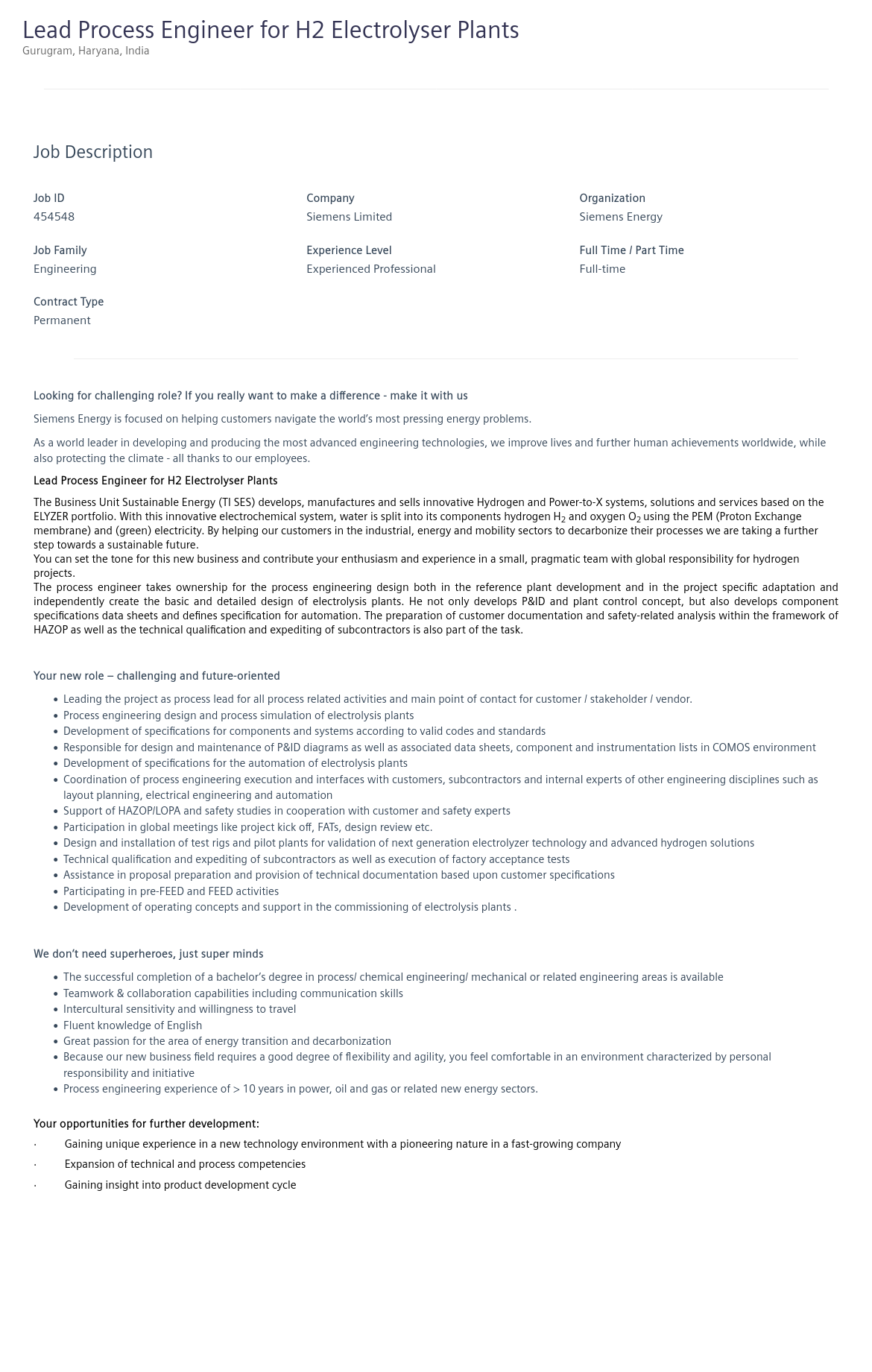 지멘스 Lead Process Engineer for H2 Electrolyser Plants 채용공고