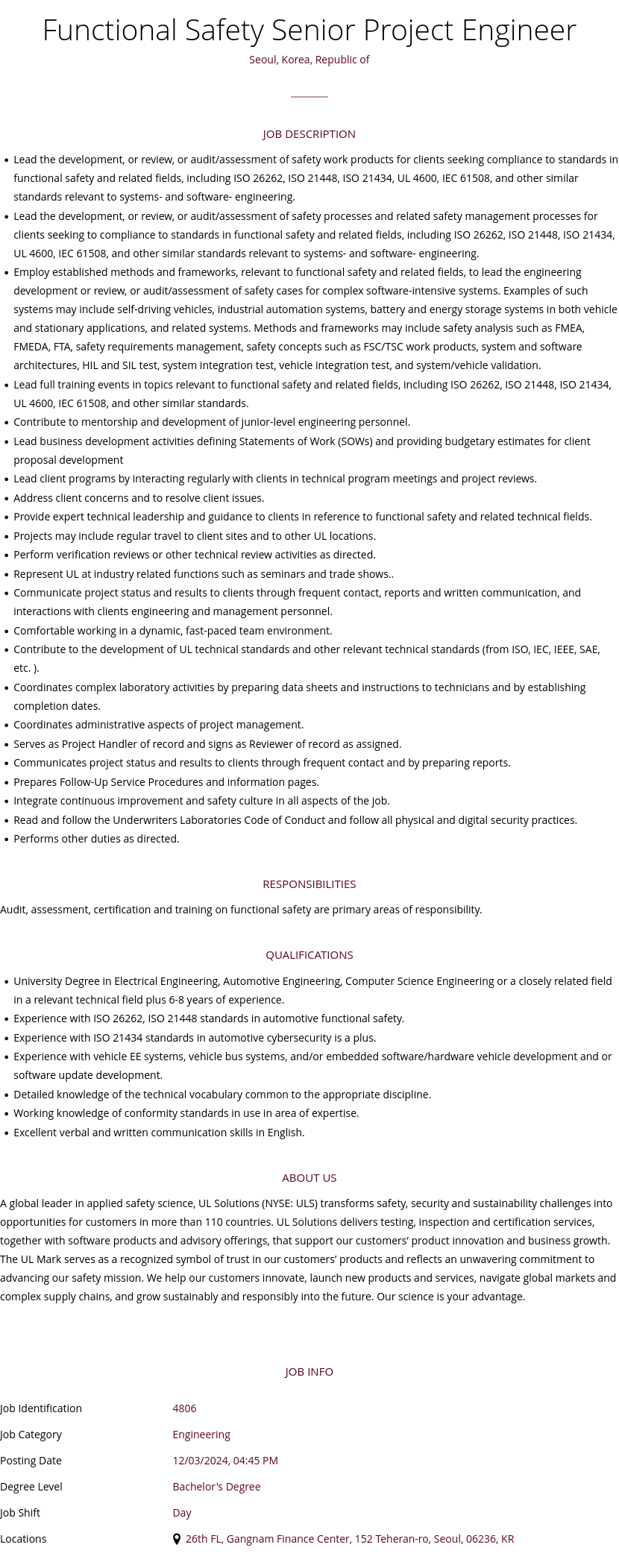 UL Solutions Functional Safety Senior Project Engineer 채용공고