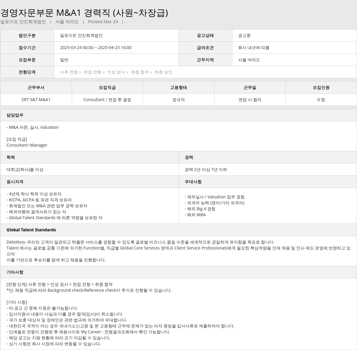 딜로이트안진 경영 자문 부문 M&A1 경력직 (사원 ~ 차장급) 채용공고
