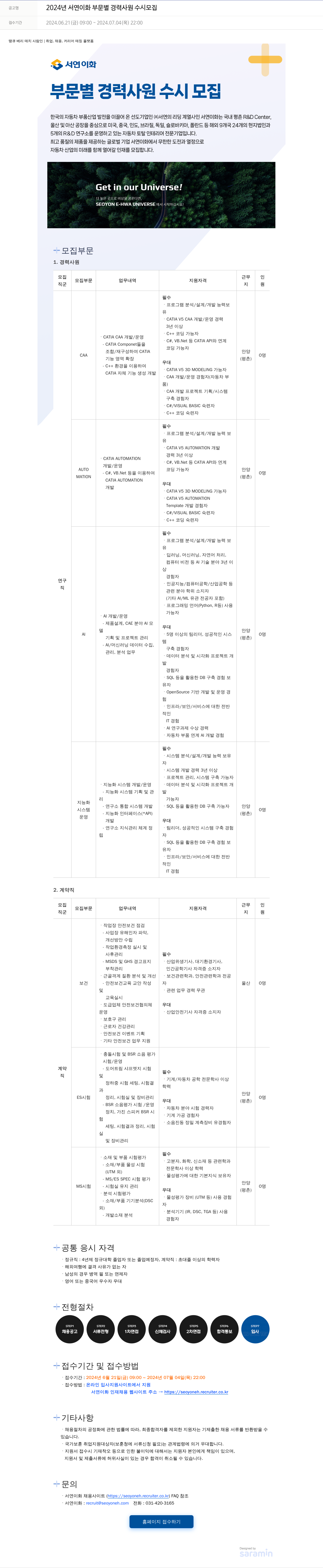 서연이화 2024년 서연이화 부문별 경력사원 수시 모집 채용공고