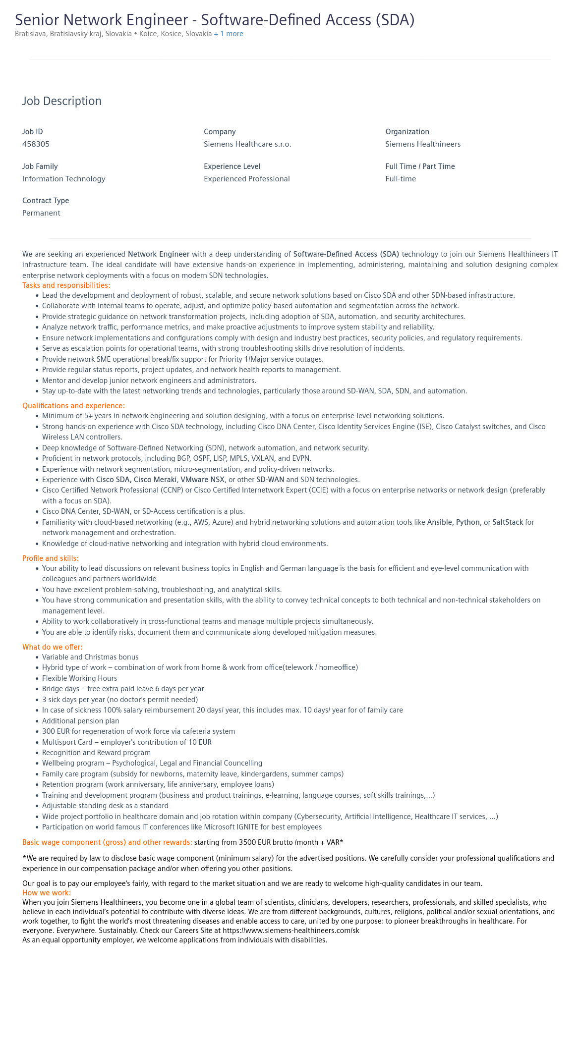 지멘스 Senior Network Engineer - Software-Defined Access (SDA) 채용공고
