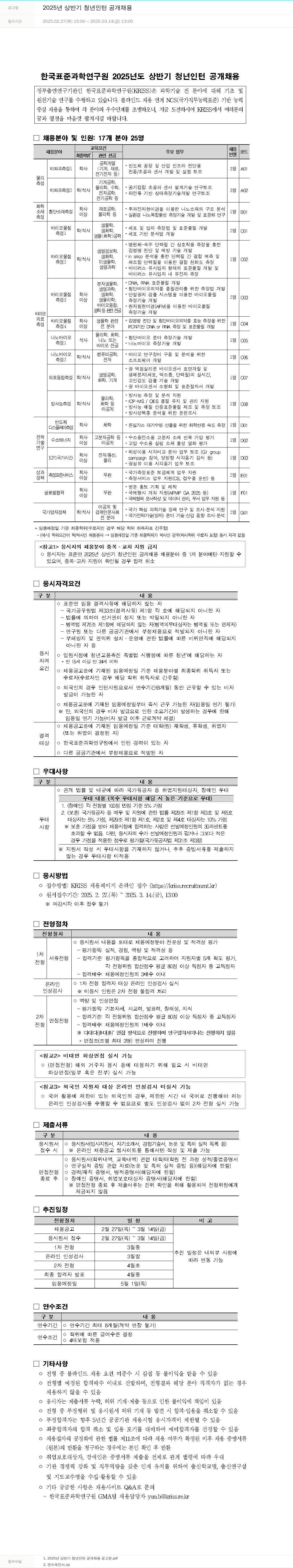 한국표준과학연구원 2025년 상반기 청년 인턴 공개 채용 채용공고