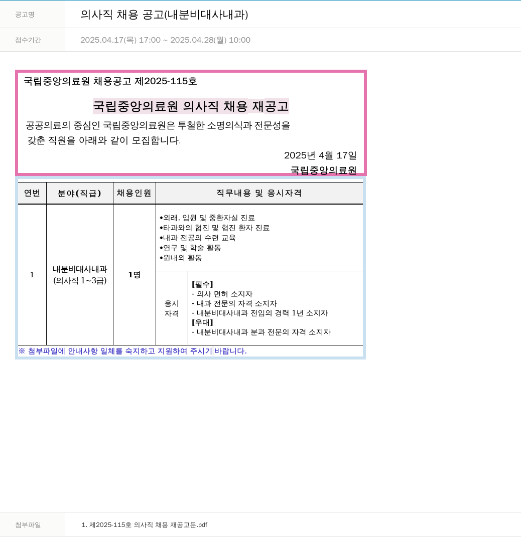 국립중앙의료원 의사직 채용 공고 (내분비 대사 내과) 채용공고