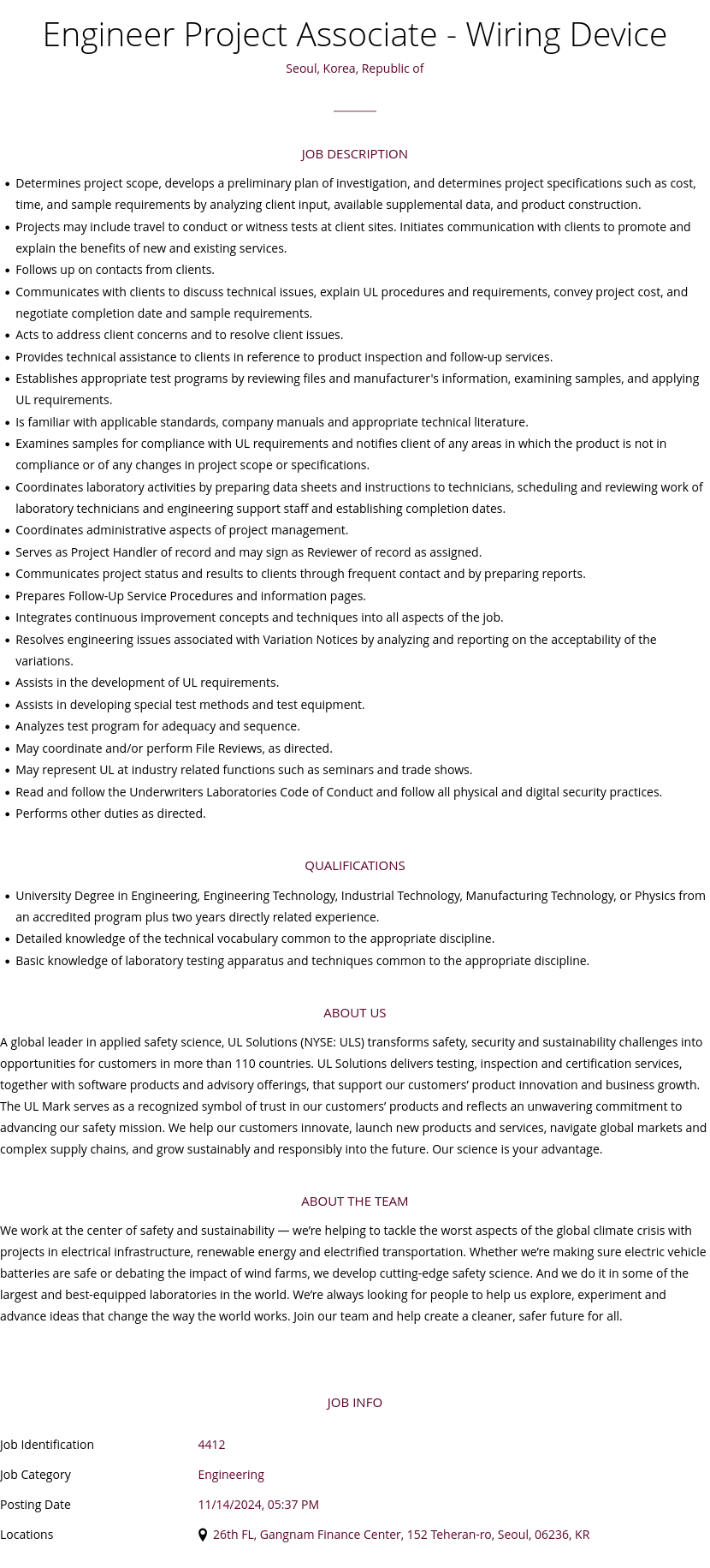 UL Solutions Engineer Project Associate - Wiring Device 채용공고