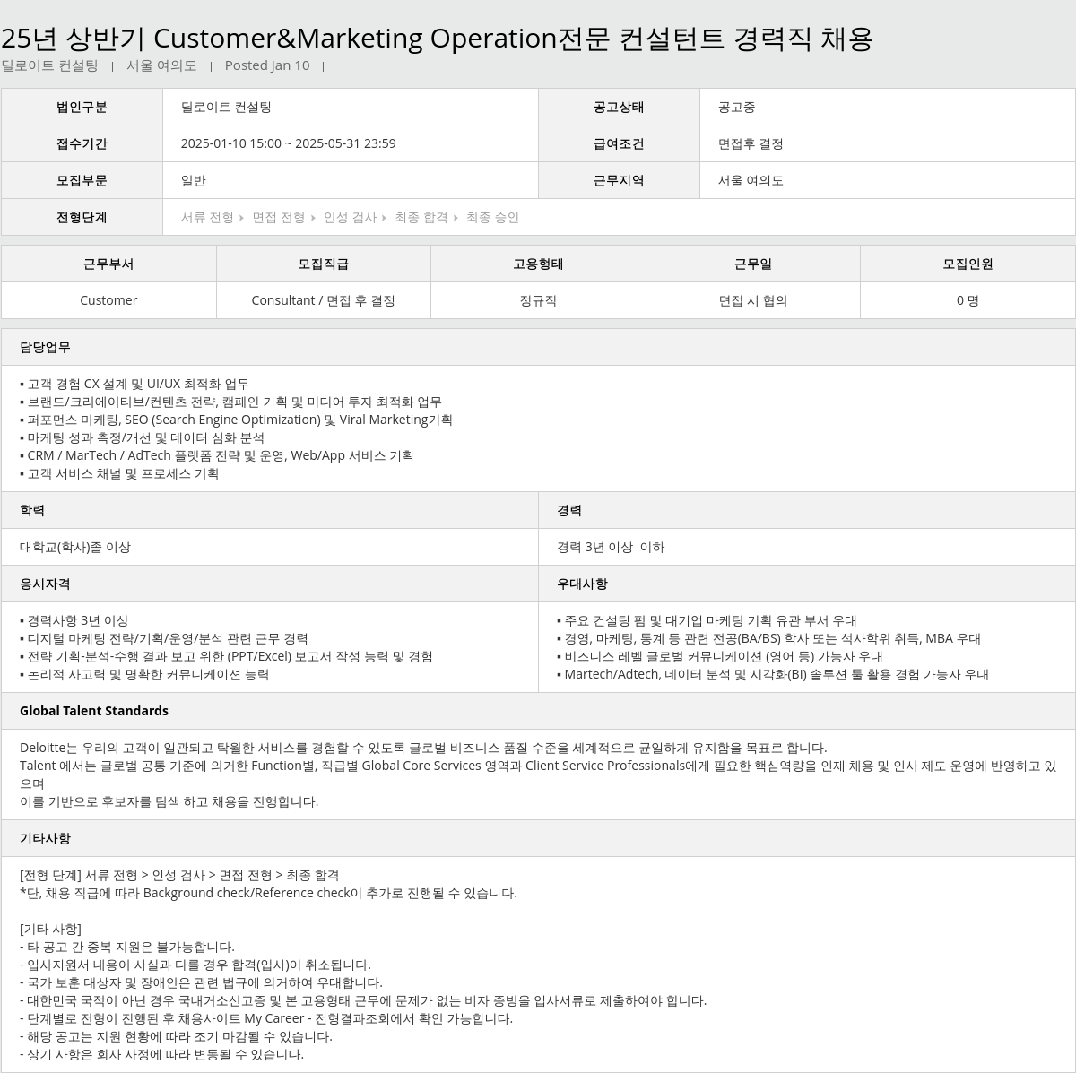딜로이트안진 25년 상반기 Customer & Marketing Operation 전문 컨설턴트 경력직 채용 채용공고